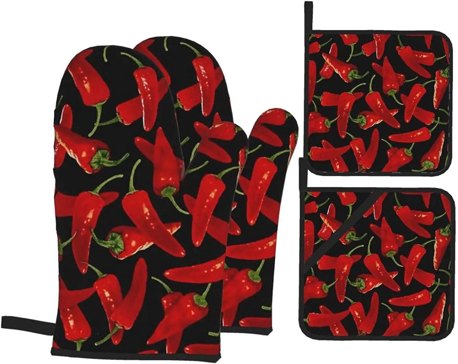 Chili Peppers Black and Red Polyester Oven Mitts and Pot Holders Set