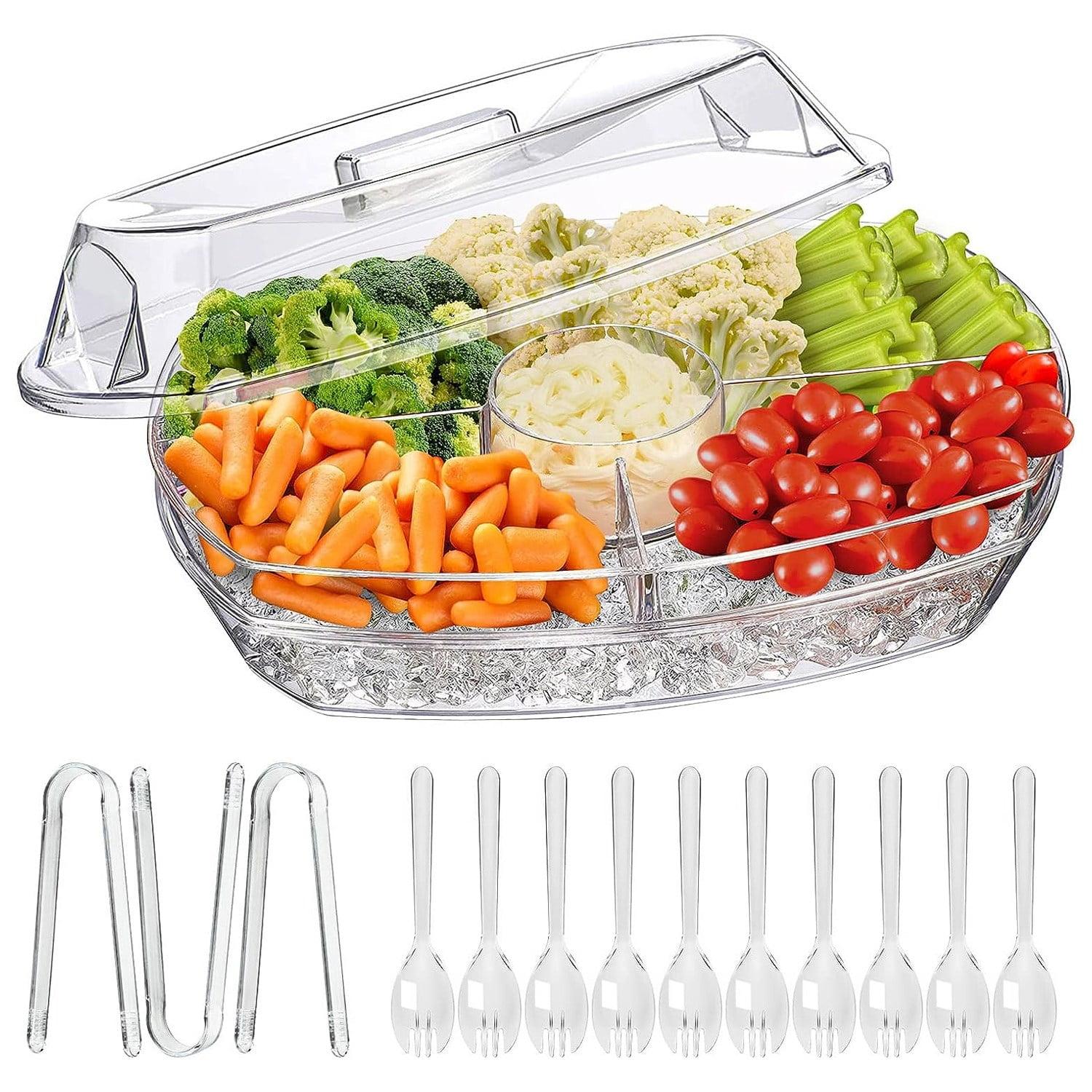 Chilled Veggie Tray Teqhome 15 Inch Clear Party Platter with 4 Compartments Fruit Ice Serving Tray with Lid Cold Food Buffet Server for Fruit Vegetable Fruit