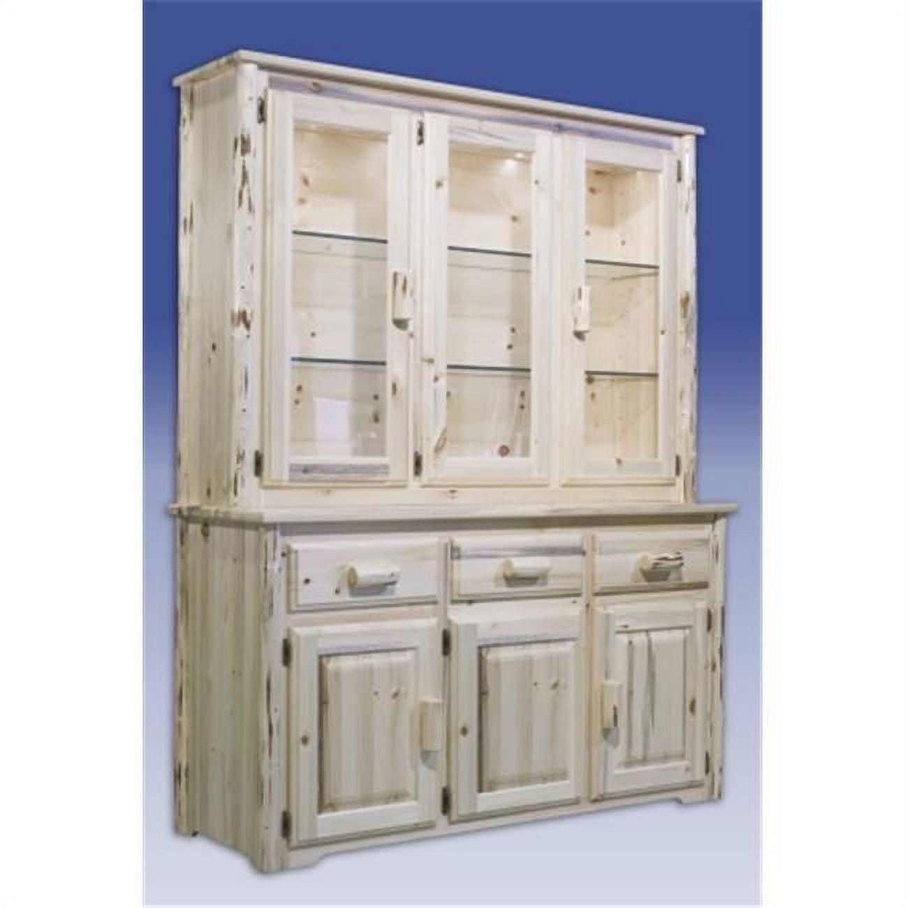 Rustic Lighted Pine Wood China Cabinet