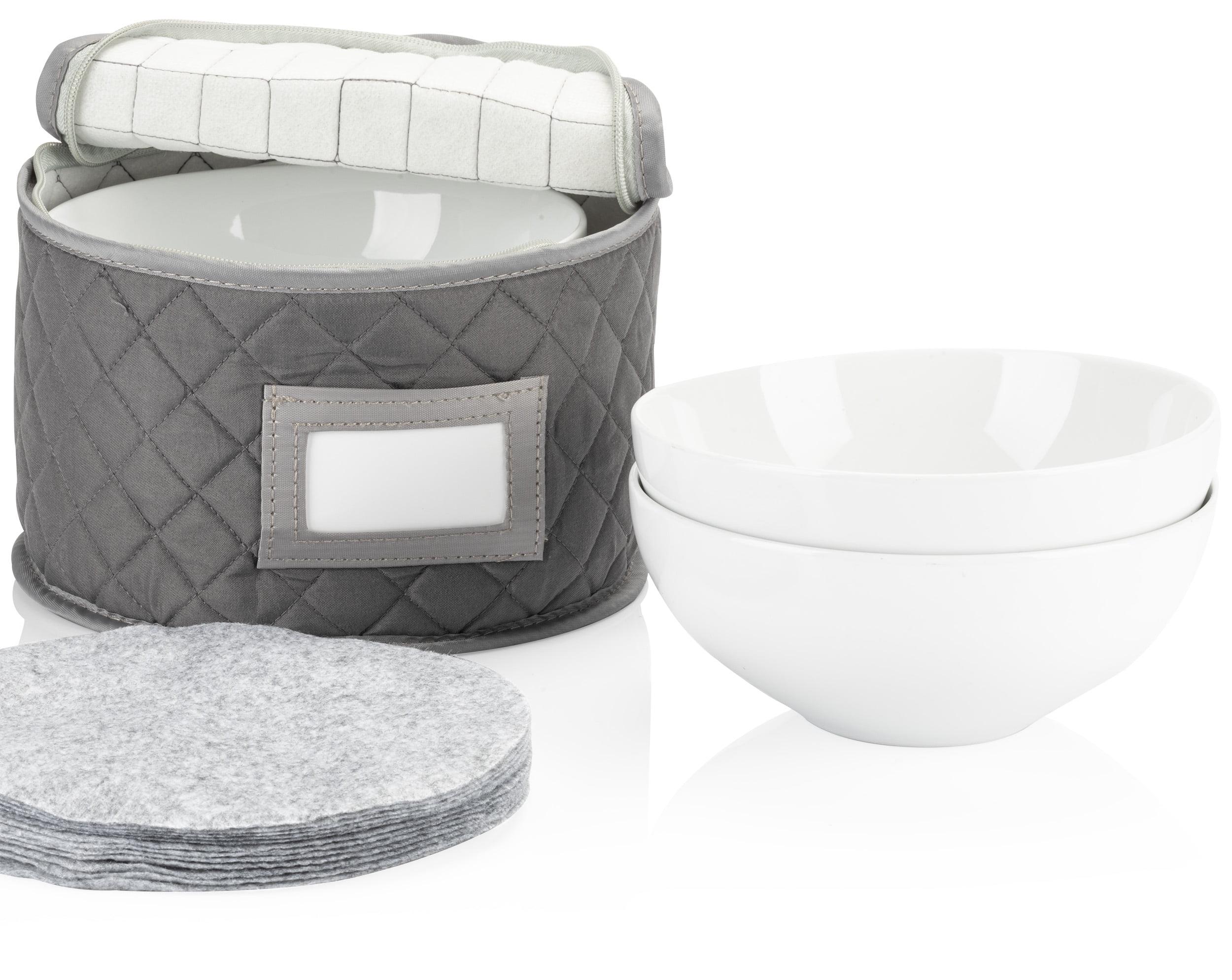 Gray Quilted Polyester Round China Storage Case with Felt Dividers