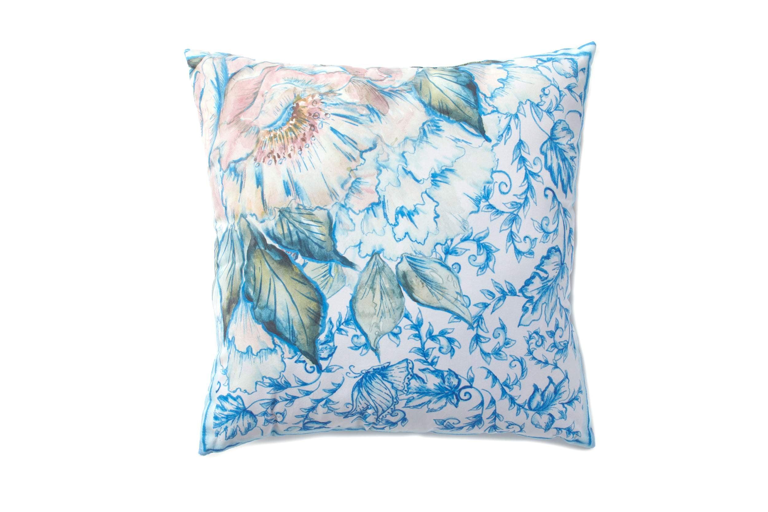 Blue and White Floral Bloom Polyester Outdoor Throw Pillow