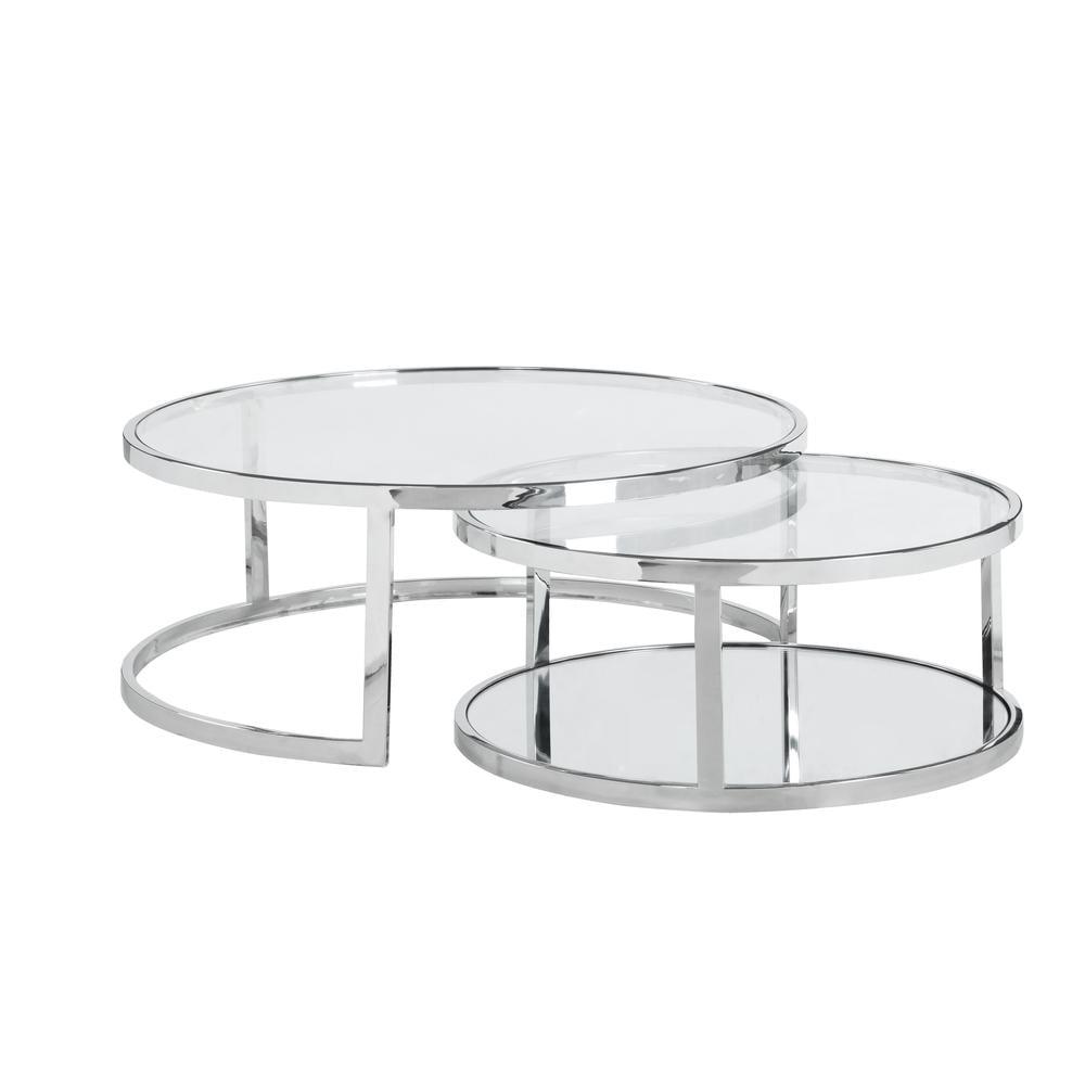 Round Clear Glass and Metal Nesting Cocktail Table Set