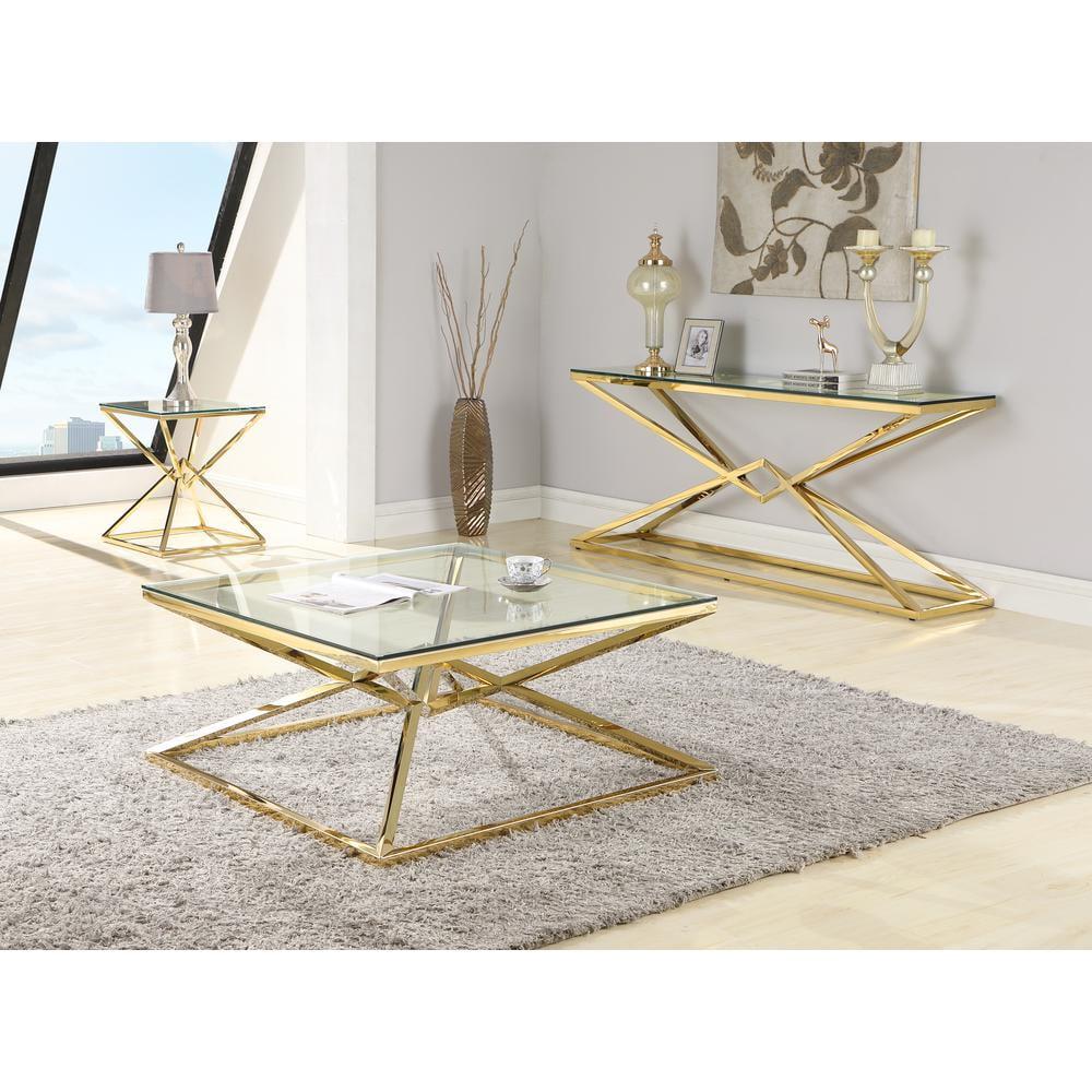 Clear Tempered Glass Square Cocktail Table with Gold Frame