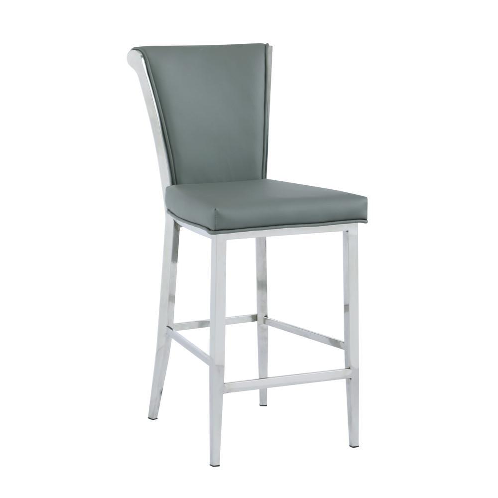 Elegant Flare Back Gray PU Counter Stool with Polished Stainless Steel Frame