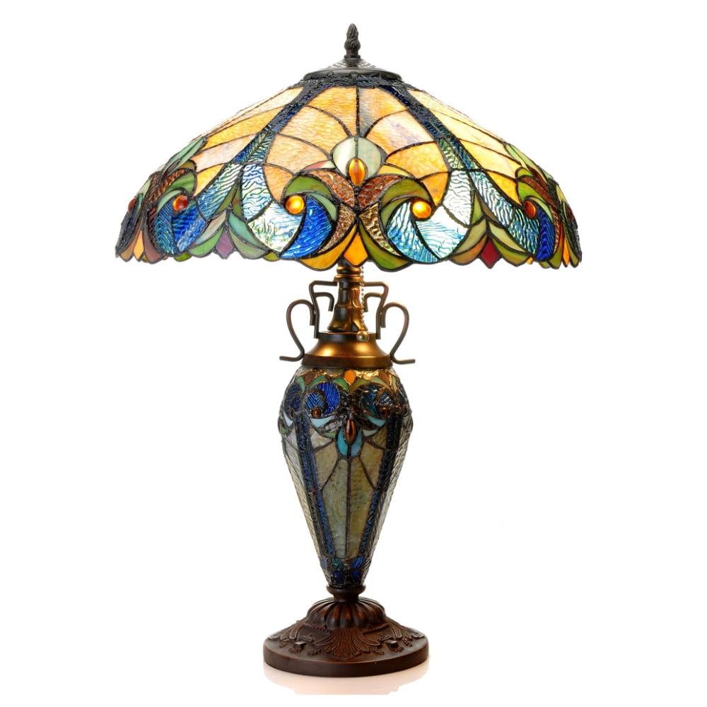 Victorian Double-Lit 18" Bronze Stained Glass Table Lamp