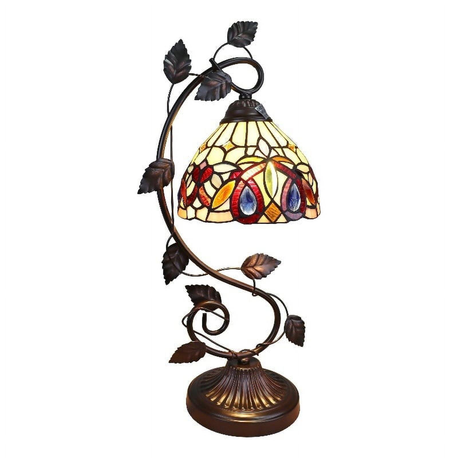 Victorian Tiffany-Style Bronze 7"x22" Stained Glass Table Lamp