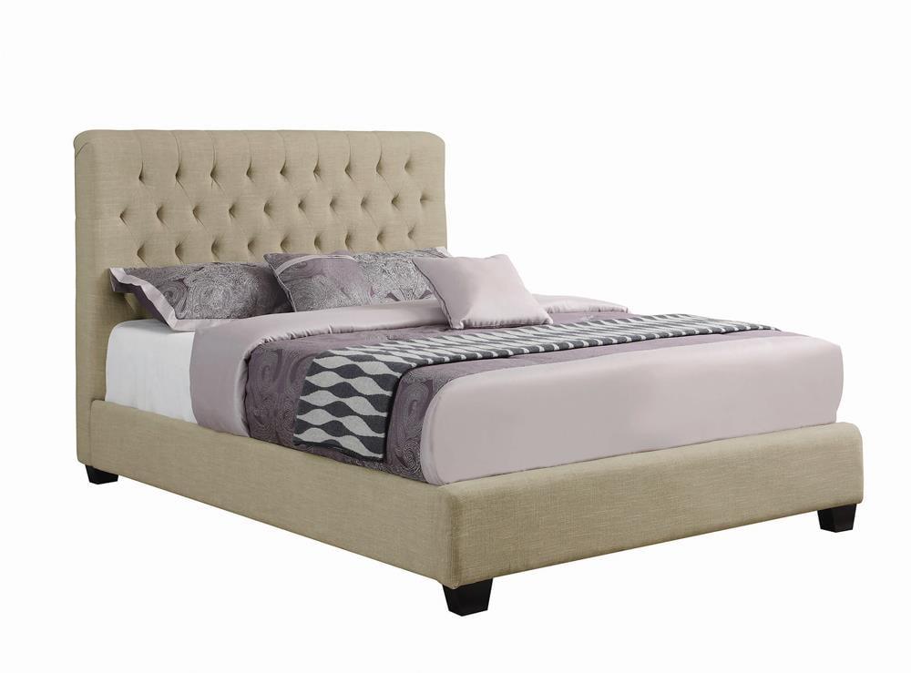 Elegant Oatmeal Linen Tufted King Bed with Espresso Wood Frame