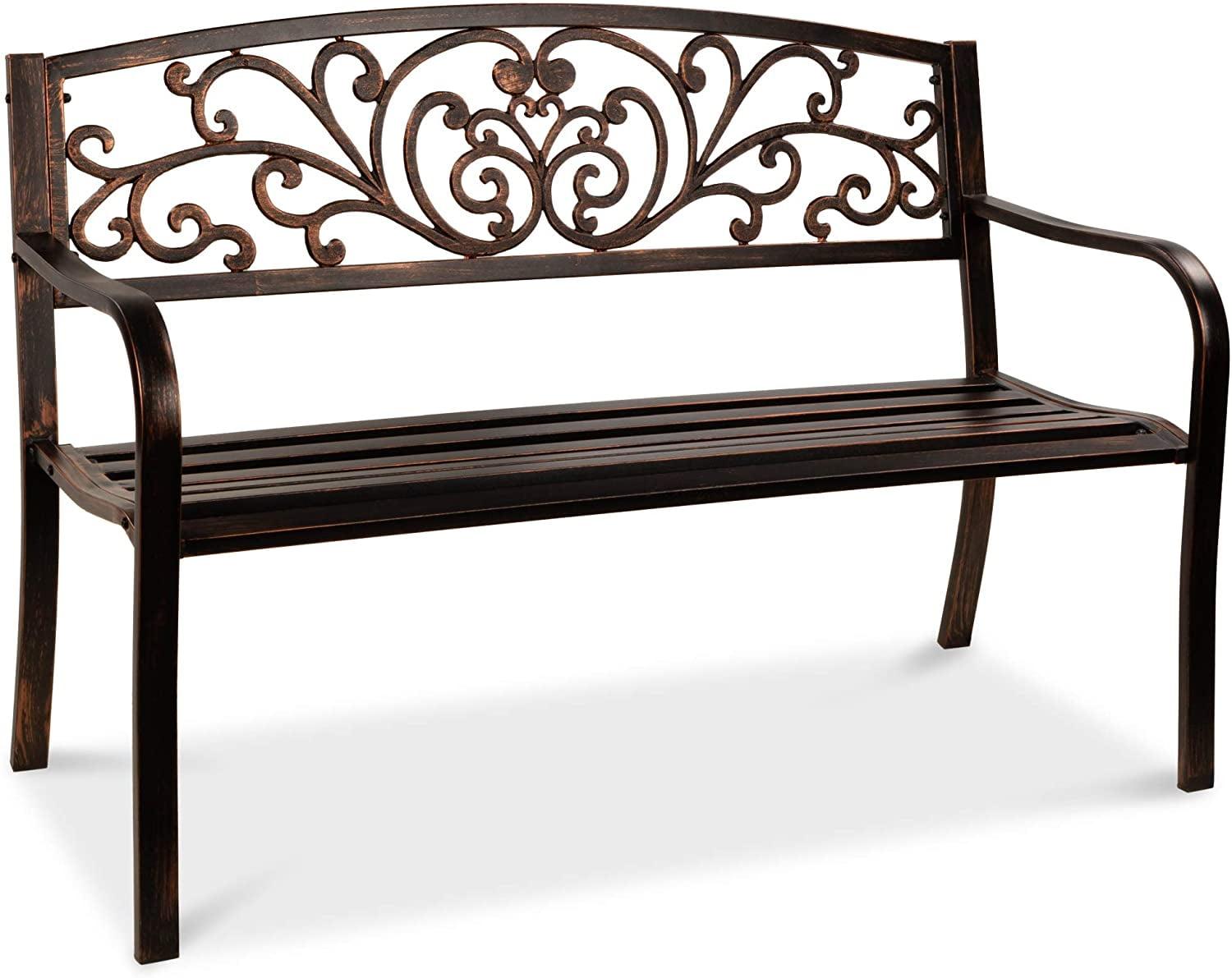 Bronze Floral Design Outdoor Steel Bench with Slatted Seat