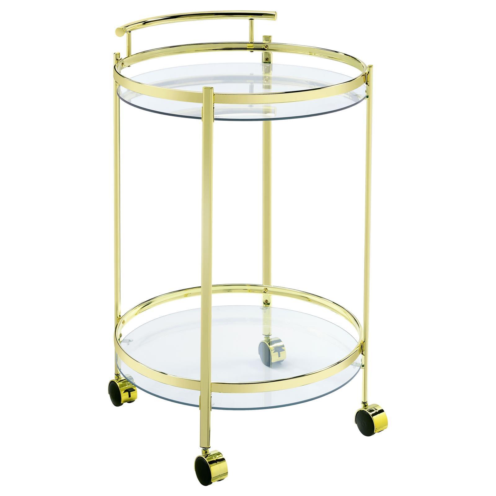 Luxe Modern 31" Gold Metal and Glass Round Bar Cart with Lockable Casters