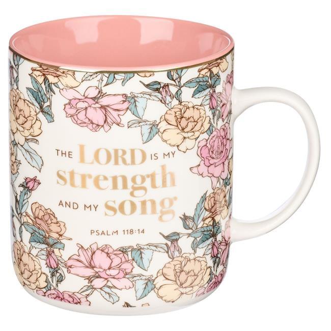 Pink Floral Ceramic Coffee Mug with Psalm 118:14, 14 oz