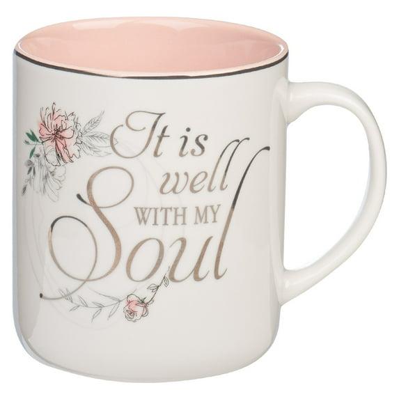 Christian Art Gifts Ceramic Coffee Mug for Women: It is Well with My Soul - Inspirational Song and Hymn, Light Floral Pink and White, 14 oz.