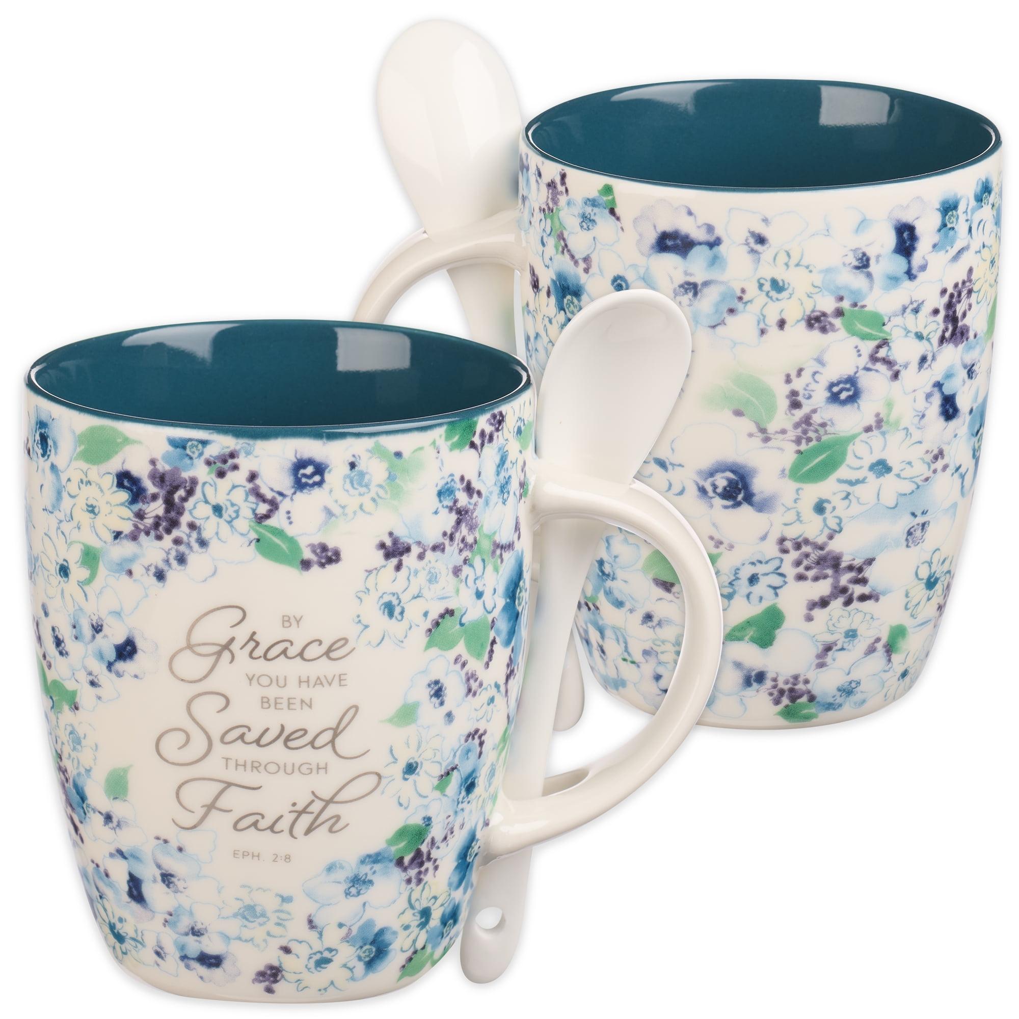 Graceful Blue Floral Ceramic Mug with Spoon, 12 oz