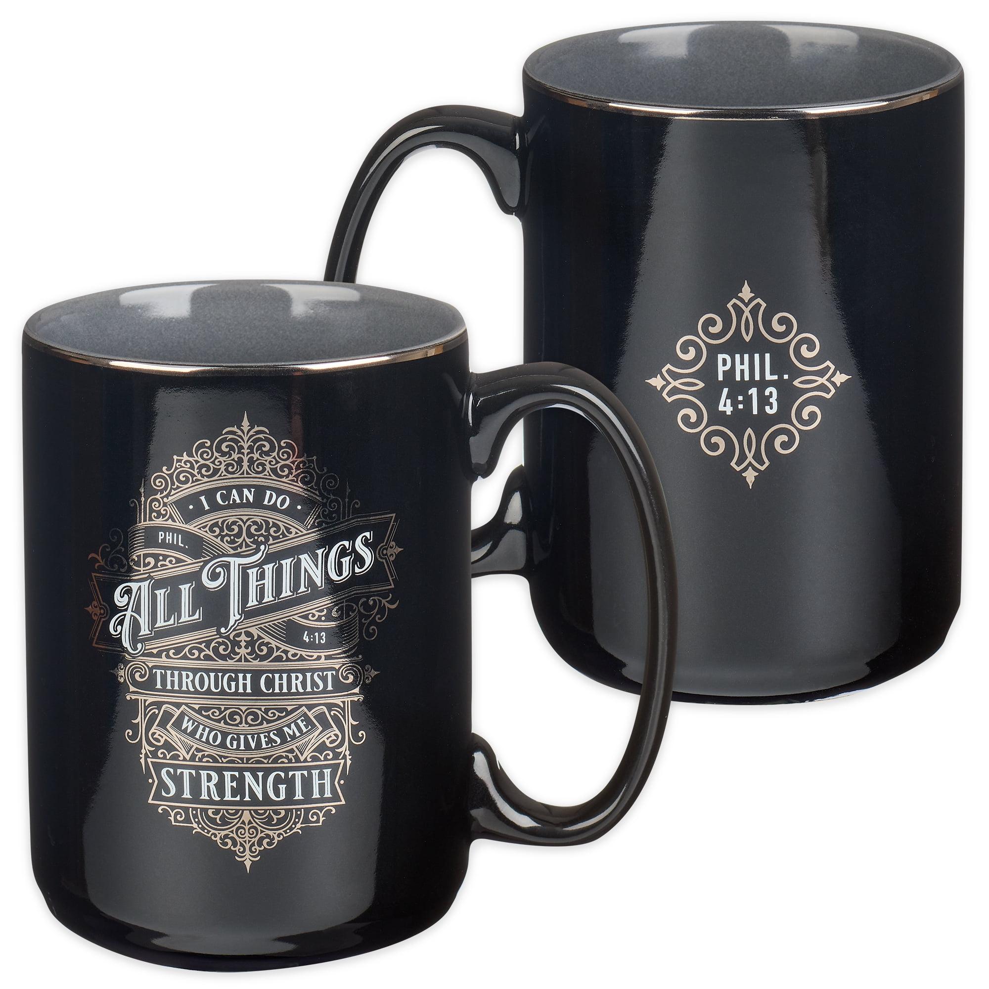 Large Black and Silver Ceramic Bible Verse Mug, 14 oz