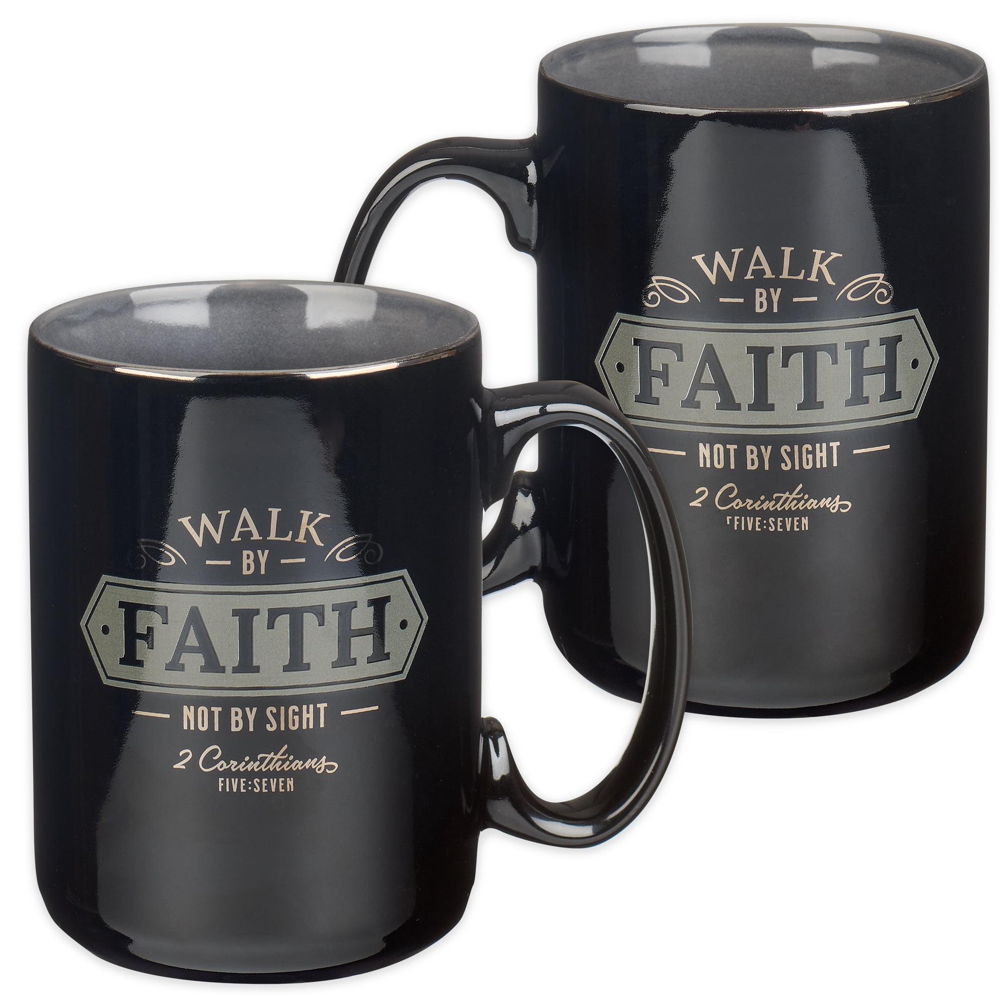 Christian Art Gifts Large Ceramic Bible Verse Coffee & Tea Mug for Men: Walk by Faith - 2 Corinthians 5:7 Inspirational Scripture, Non-toxic & Lead-free Novelty Drinkware, Black/Gray w/Silver, 14 oz.