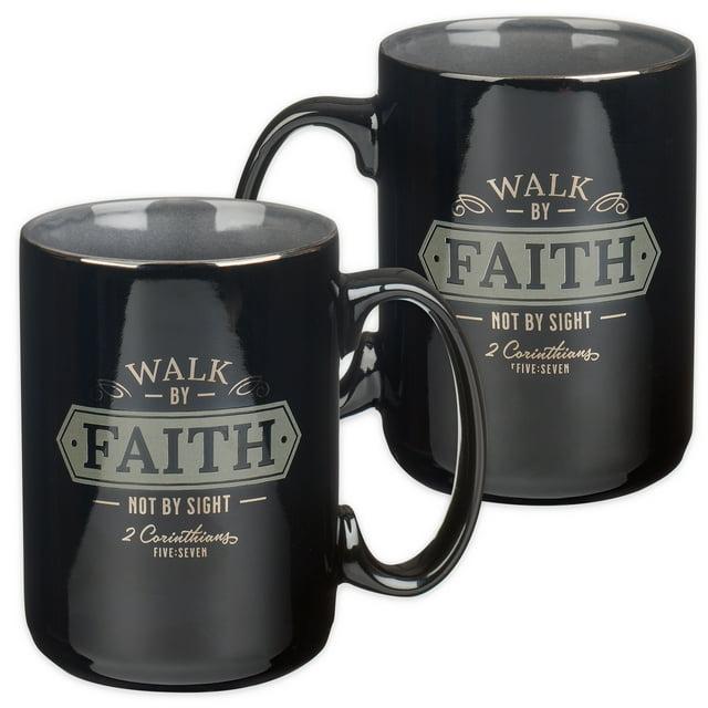 Christian Art Gifts Large Ceramic Bible Verse Coffee & Tea Mug for Men: Walk by Faith - 2 Corinthians 5:7 Inspirational Scripture, Non-toxic & Lead-free Novelty Drinkware, Black/Gray w/Silver, 14 oz.