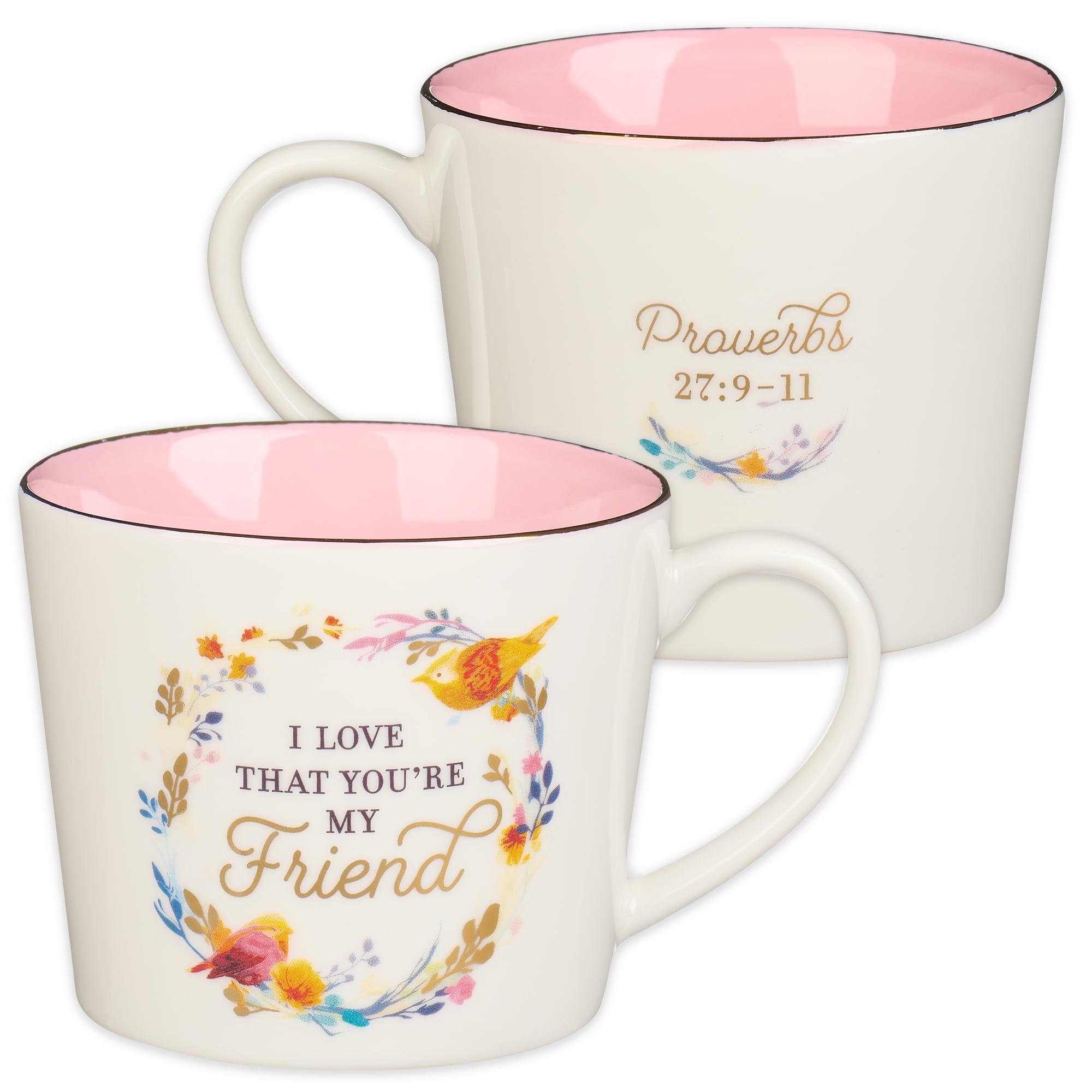 Christian Art Gifts Novelty Ceramic Floral Coffee & Tea Mug for Women: I Love that You're My Friend - Prov. 27:9 Inspirational Scripture, Lead-free Multicolor w/Birds & Gold Design, White/Pink, 13 oz.