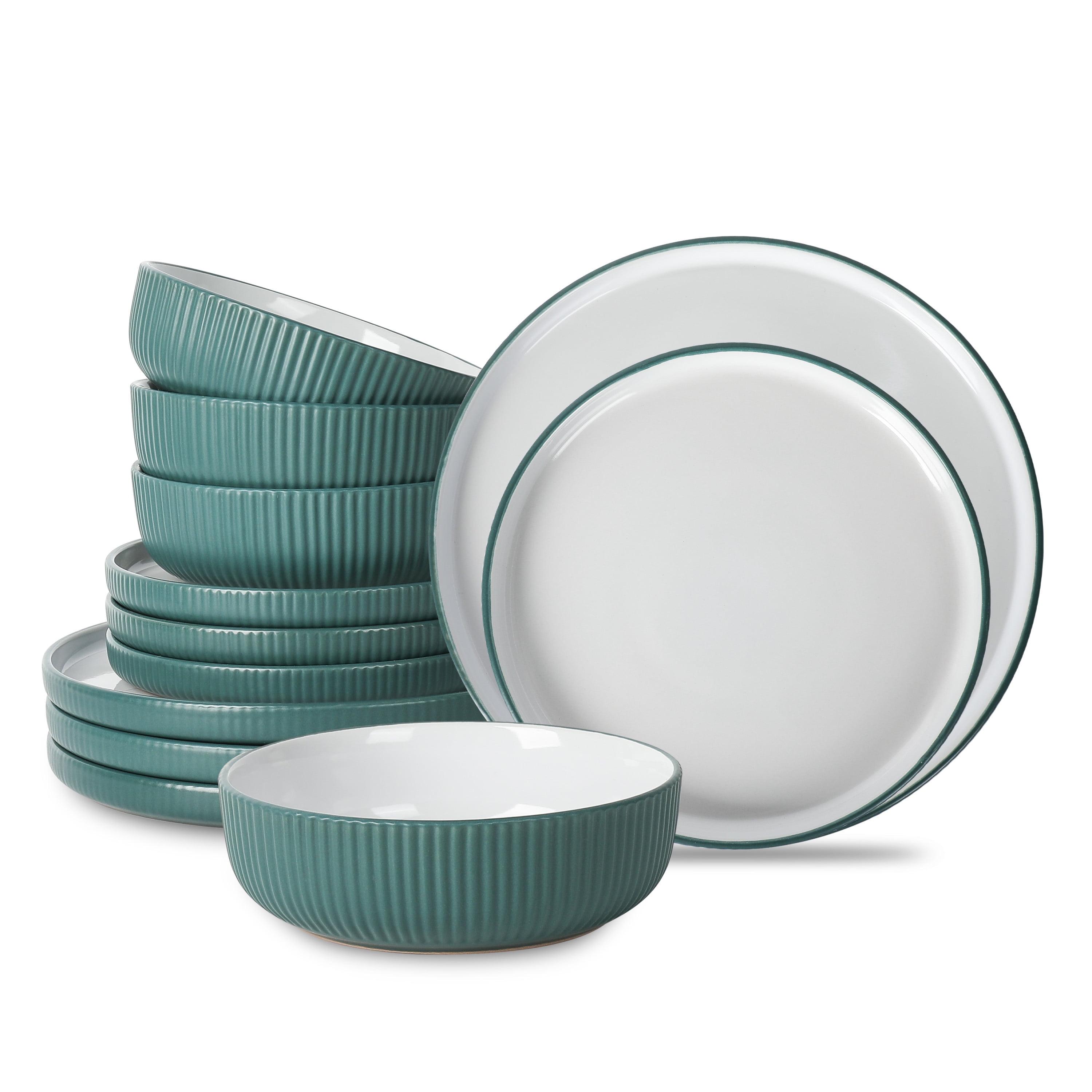 Green Ceramic Coastal 12-Piece Dinnerware Set, Service for 4