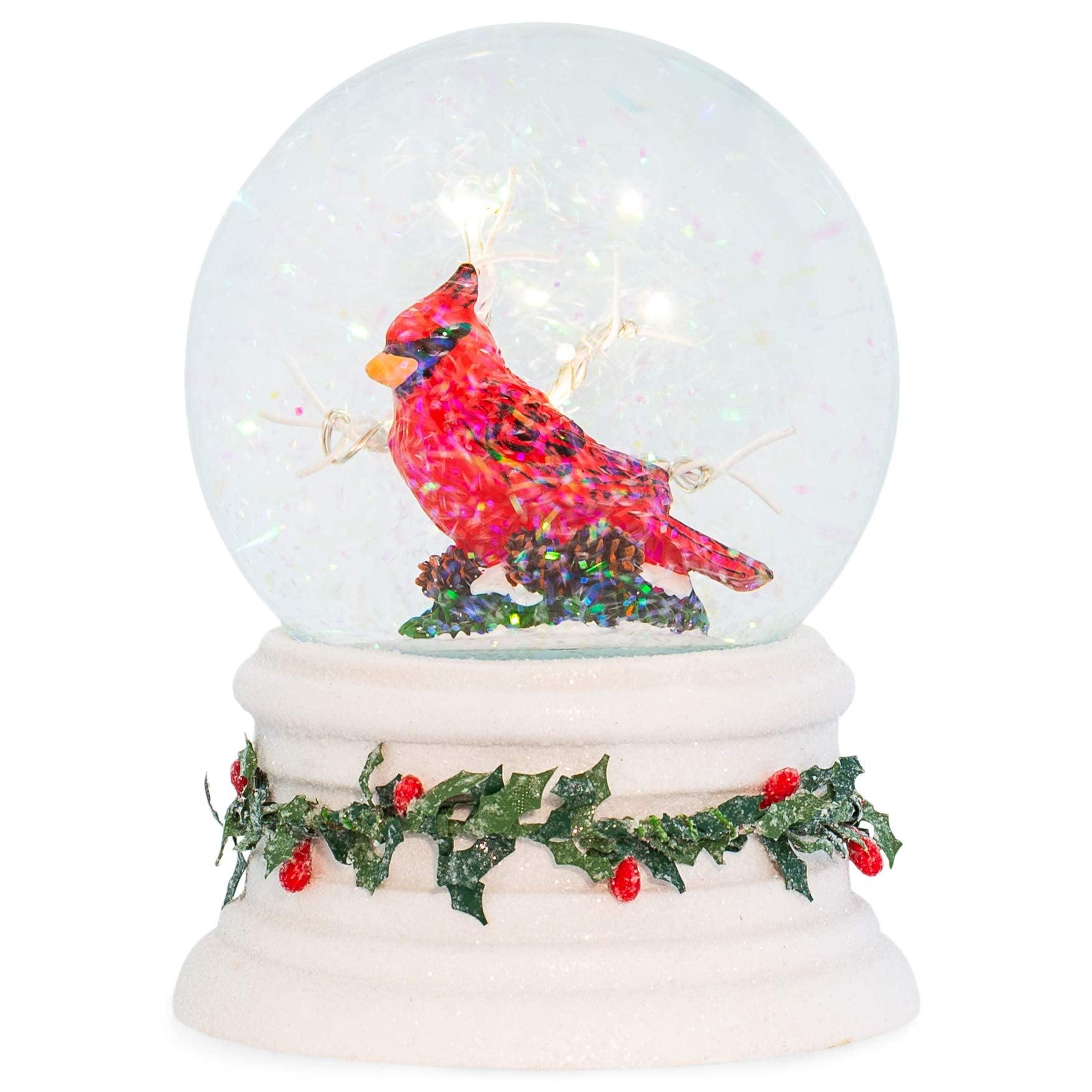 LED Glittery White Cardinal Snow Globe with Holly Trim