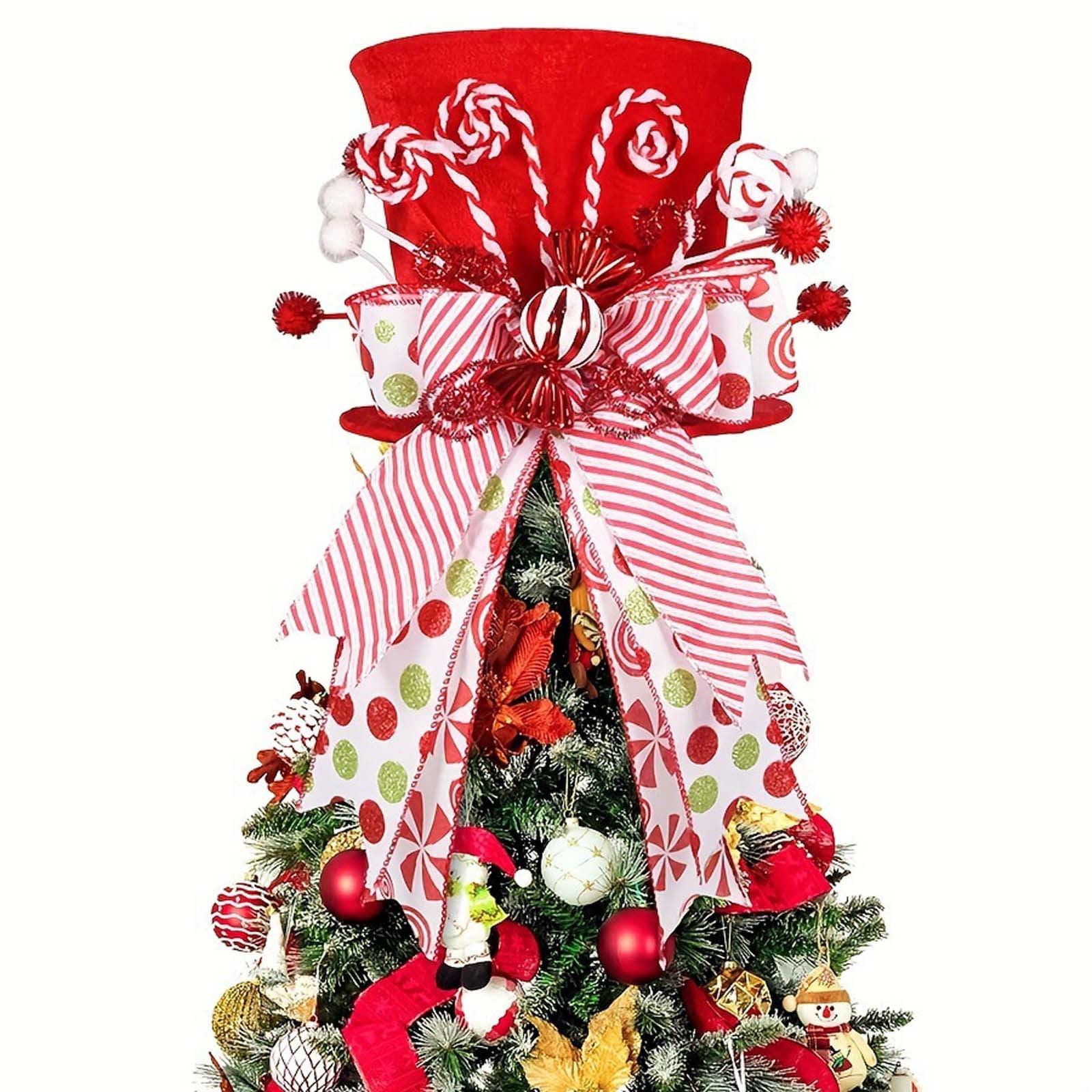 Christmas Gifts Clearance! Modern Christmas Ornaments Candy Cane Christmas Tree Topper Large Red Tree Topper Hat with Candy Peppermint Bows Ribbon Ornament Top Hat Christmas Tree Topper for Home