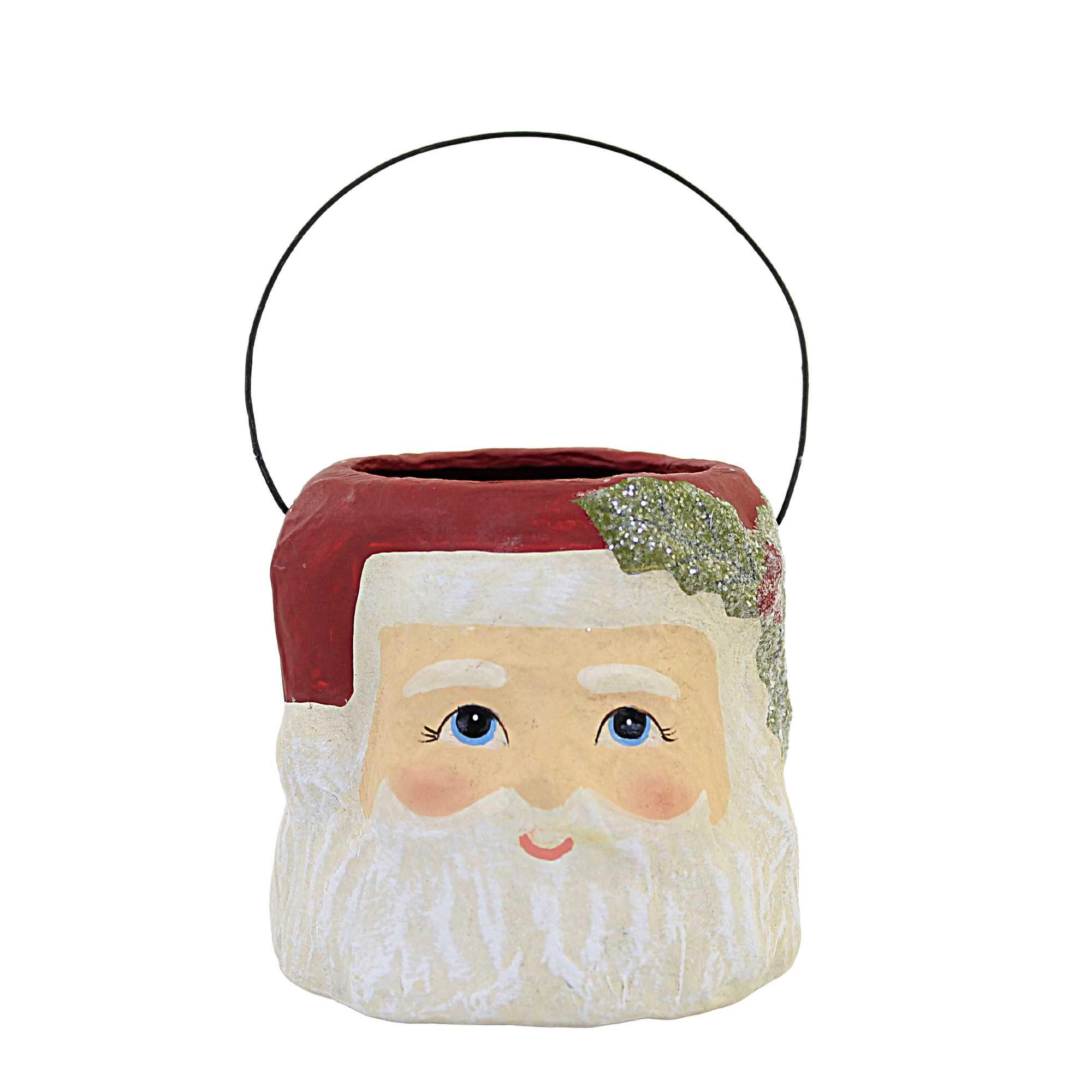 Christmas 3.5 Inch Holly Jolly Santa Bucket , Claus Wire Handle Holly (1PC)