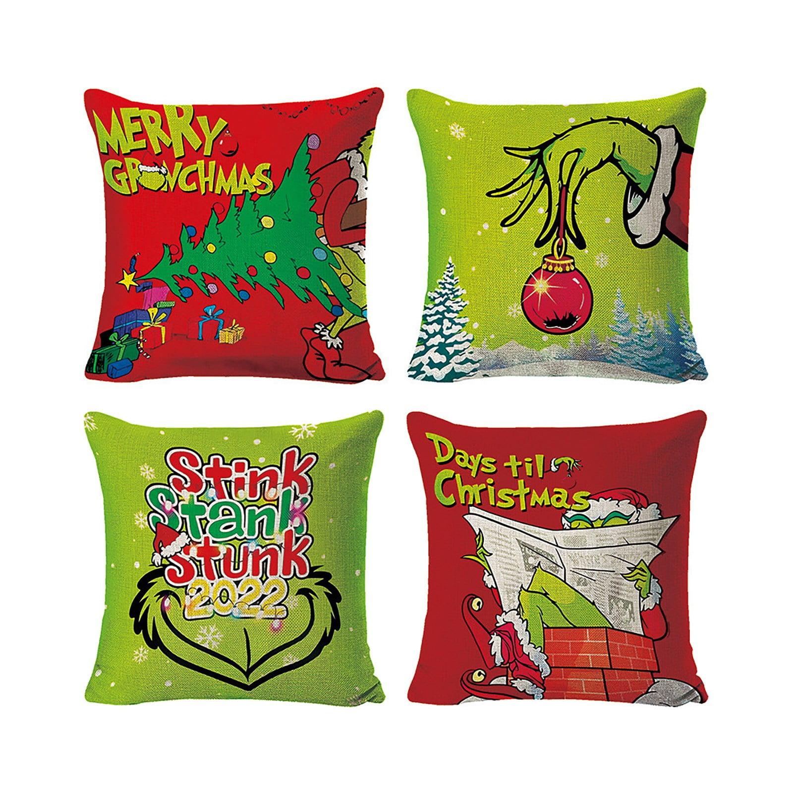 Christmas Grlnch Pillow Covers 18x18 Inch for Christmas Decorations Throw Pillow Case Green and Red Stripe Farmhouse Merry Winter Holiday Home Decor Sofa Cushion Set of 4