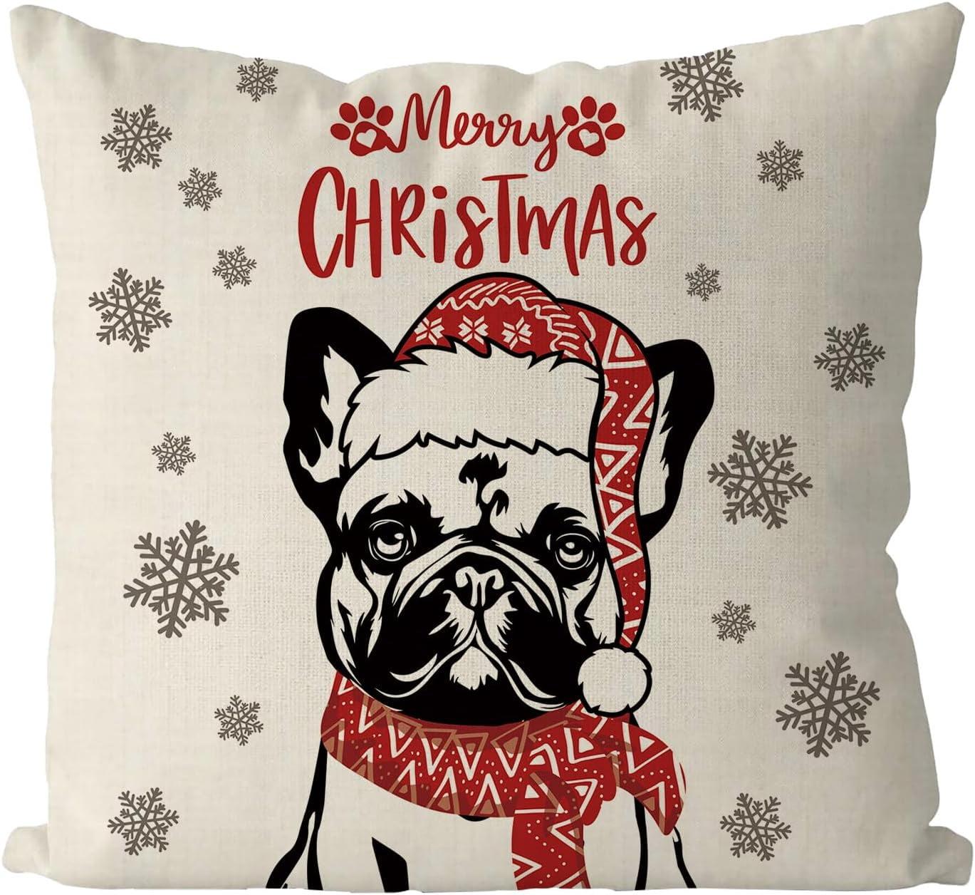 Christmas Pillow Covers 18x18 Inch English Bulldog Dog Throw Pillow Covers Xmas Winter Pillowcase Dog Christmas Decorations for Living Room Farmhouse Cushion Case