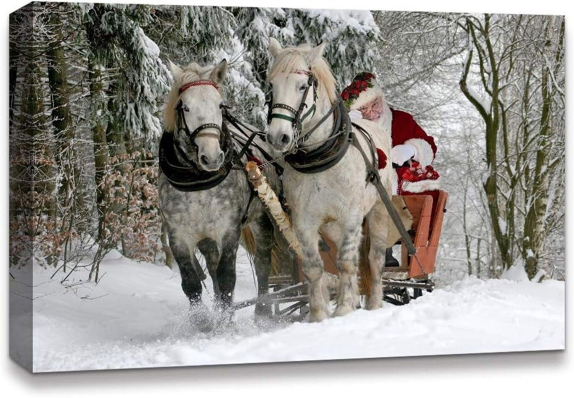 IDEA4WALL Christmas Holiday Celebration Winter Snow Forest Signs Santa Claus Riding Horses Pictures Canvas Print Large Wall Art