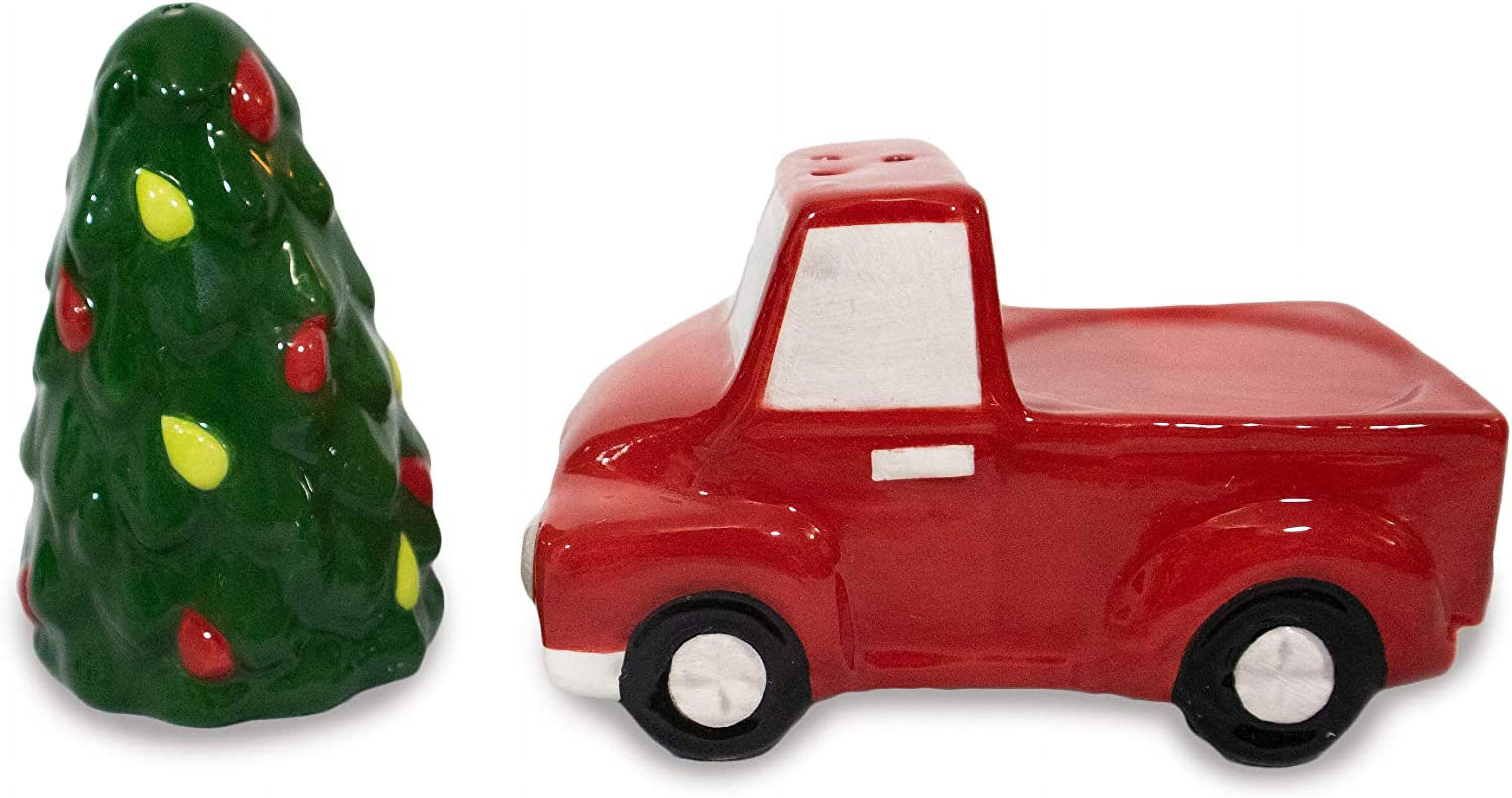 Festive Red Truck and Green Tree Ceramic Salt & Pepper Shaker Set