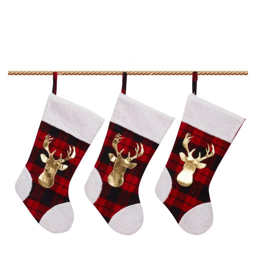 20" Red Buffalo Plaid Christmas Stockings with Elk Pattern, 3 Pack