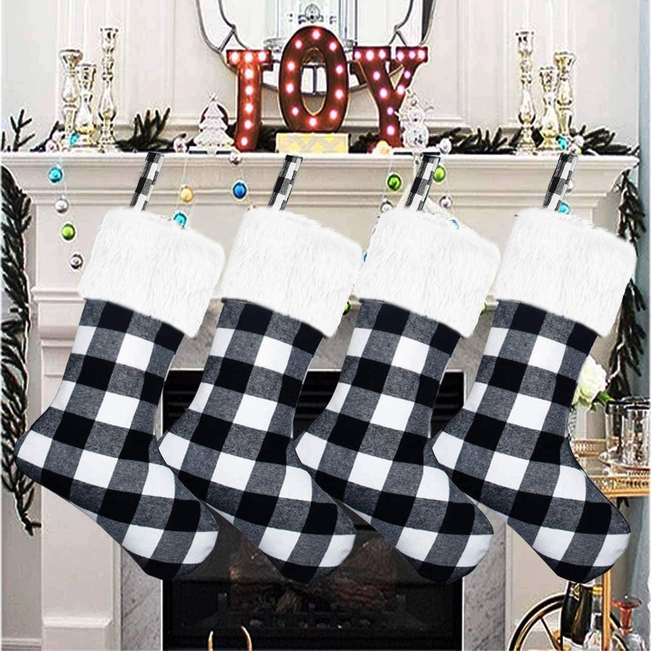 18'' Black and White Buffalo Plaid Christmas Stockings with Faux Fur Cuff