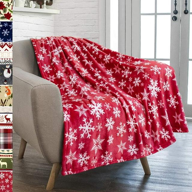 PAVILIA Holiday Festival Christmas Throw Blanket for Couch Bed Sofa, 50x60 (Snowflake Red)