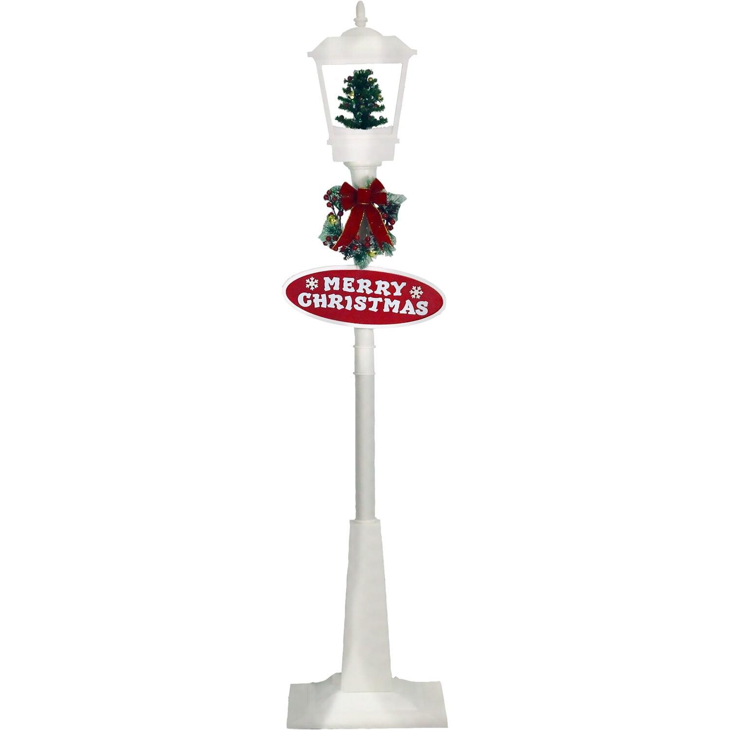 Christmas Time 71-In. Musical Snowy Street Lamp | Christmas Tree Scene, 2 Signs, Cascading Snow, and Holiday Songs | White | CT-SL071A-WHT