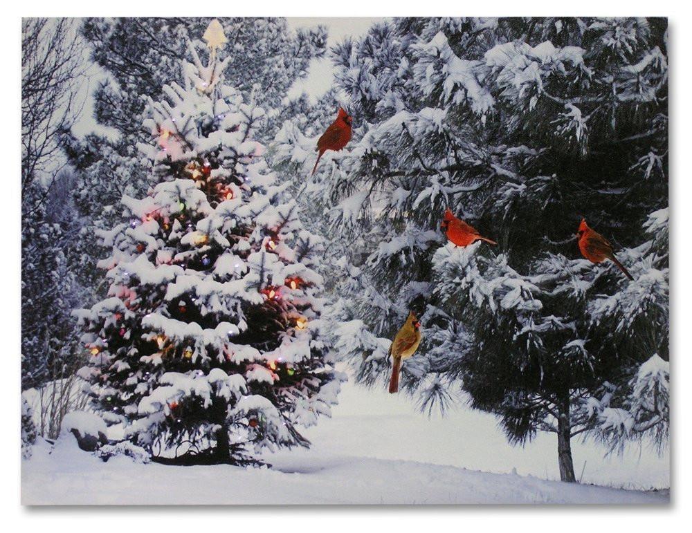 Lighted Christmas Tree and Cardinals LED Canvas Print with Wood Frame