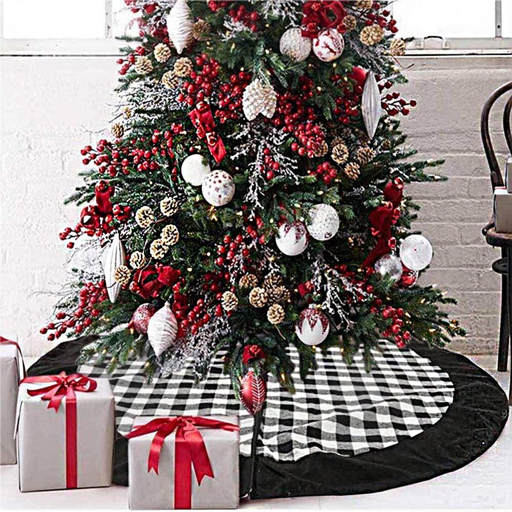 48-Inch Black and White Buffalo Plaid Christmas Tree Skirt