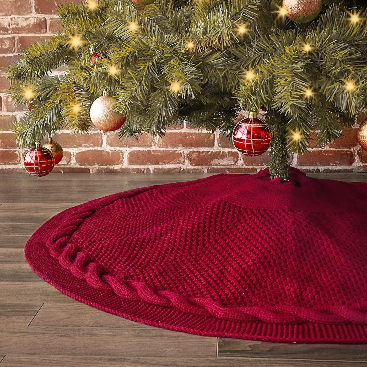 TETOU 48In Knitted Christmas Tree Skirt, Wine Red Tree Skirt, Braided Cable Knit Thick Rustic Christmas Tree Decorations, Farmhouse Christmas Decor Xmas Holiday Home Party Decorations