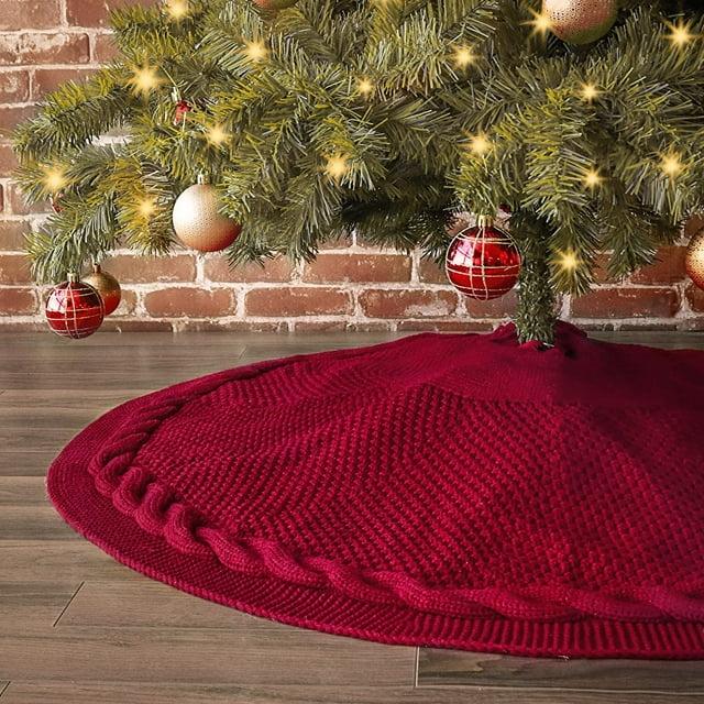 TETOU 48In Knitted Christmas Tree Skirt, Wine Red Tree Skirt, Braided Cable Knit Thick Rustic Christmas Tree Decorations, Farmhouse Christmas Decor Xmas Holiday Home Party Decorations