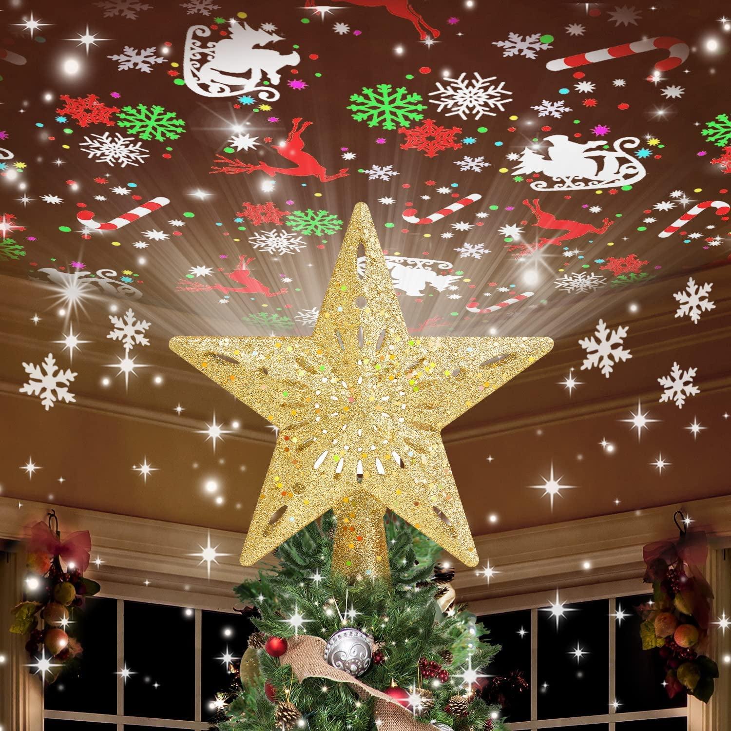 Gold 3D Glitter Christmas Tree Topper with LED Projection