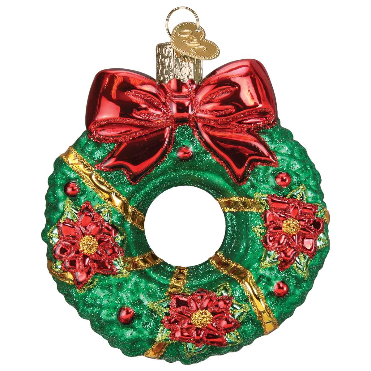 Handcrafted Glass Christmas Wreath Ornament with Red Bow