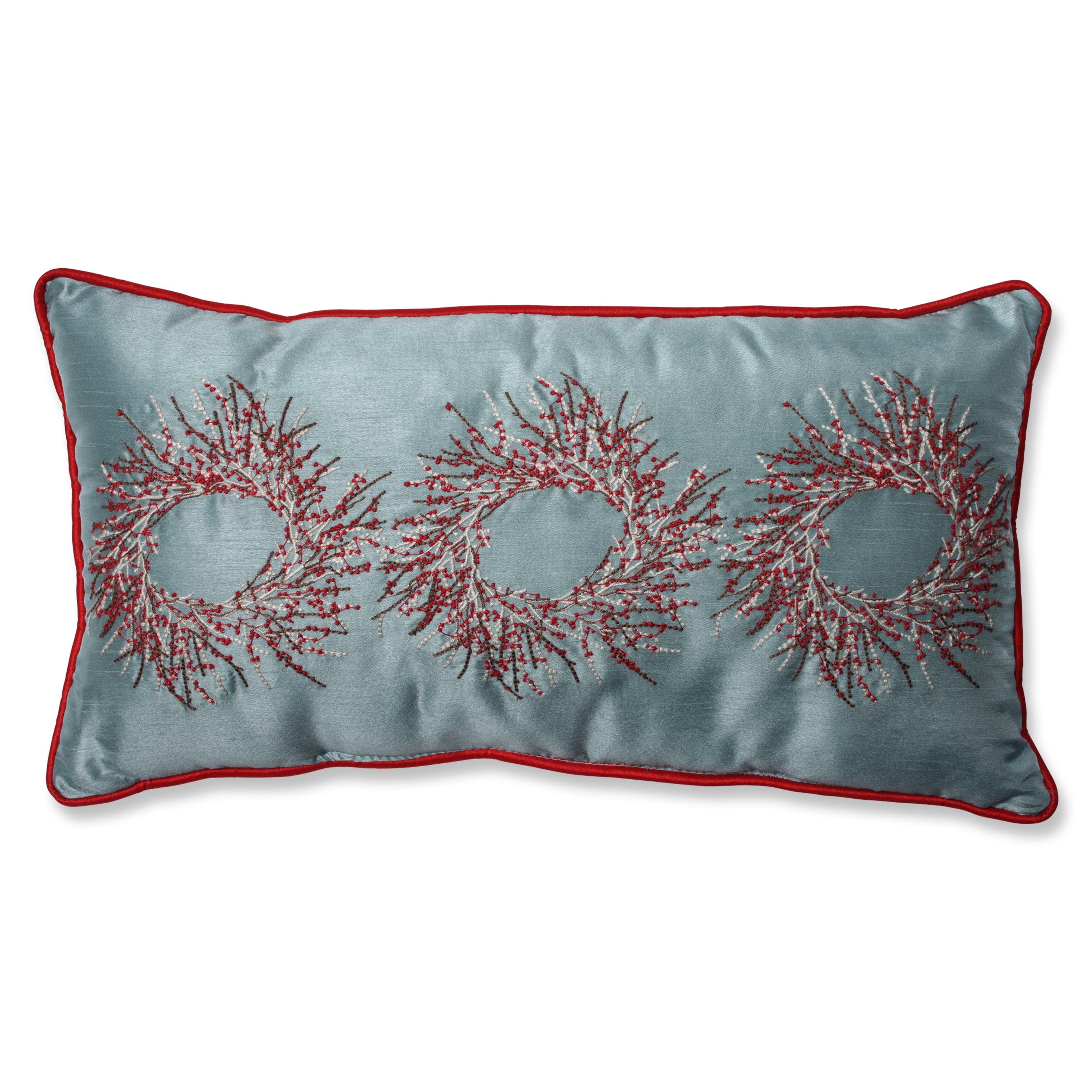 Icy Blue Embroidered Christmas Wreath Lumbar Pillow