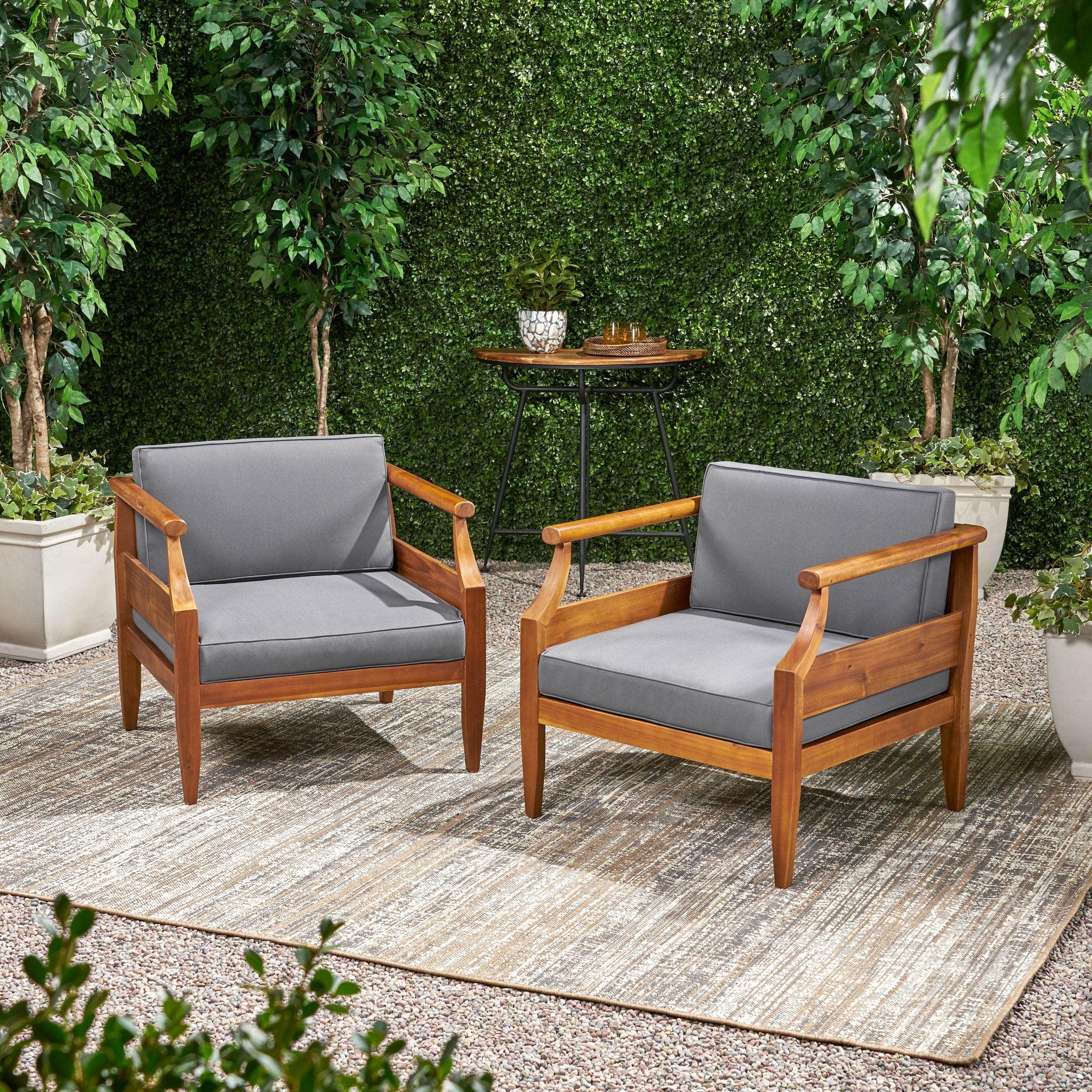 Teak Finish Outdoor Club Chairs with Dark Gray Cushions, Set of 2