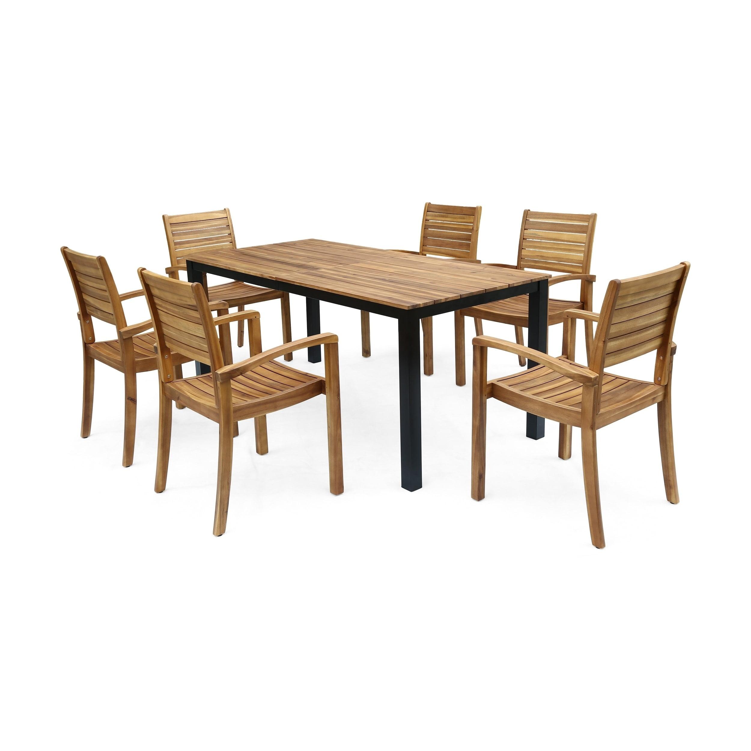 Teak and Black Iron 6-Seater Outdoor Dining Set