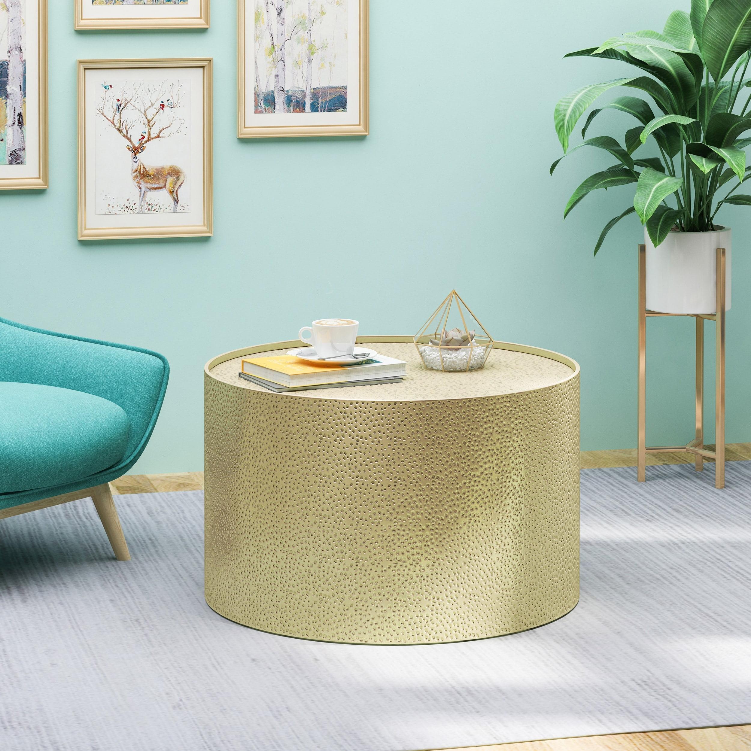 Gold Hammered Round Iron Cocktail Table with Storage