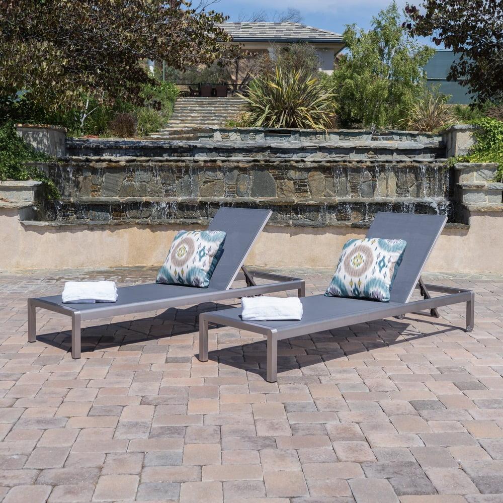 Cape Coral Set of 2 Aluminum & Mesh Chaise Lounge - Silver/Dark Gray - Christopher Knight Home: Water-Resistant Patio Furniture