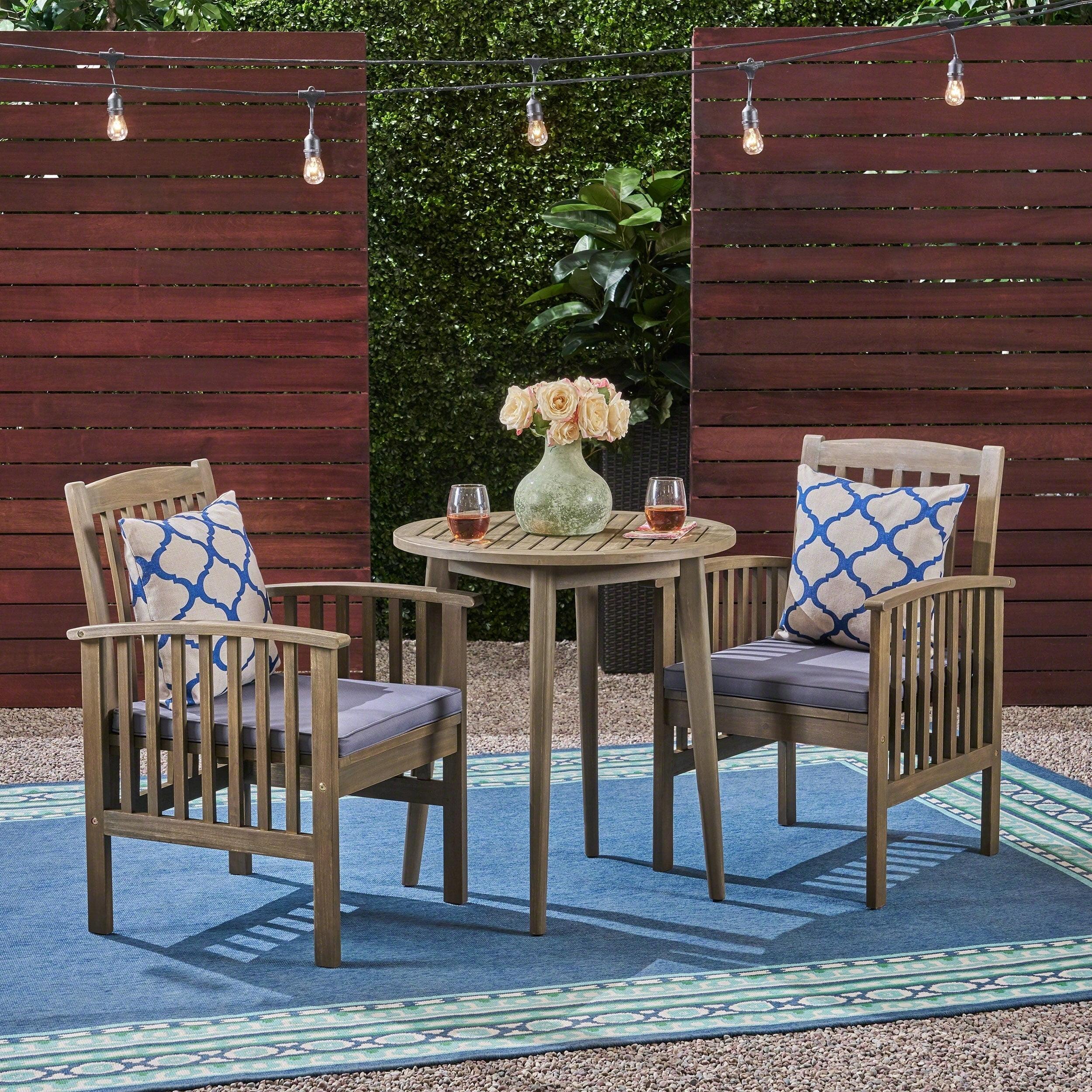 Gray Acacia Wood 2-Seater Outdoor Bistro Set with Cushions