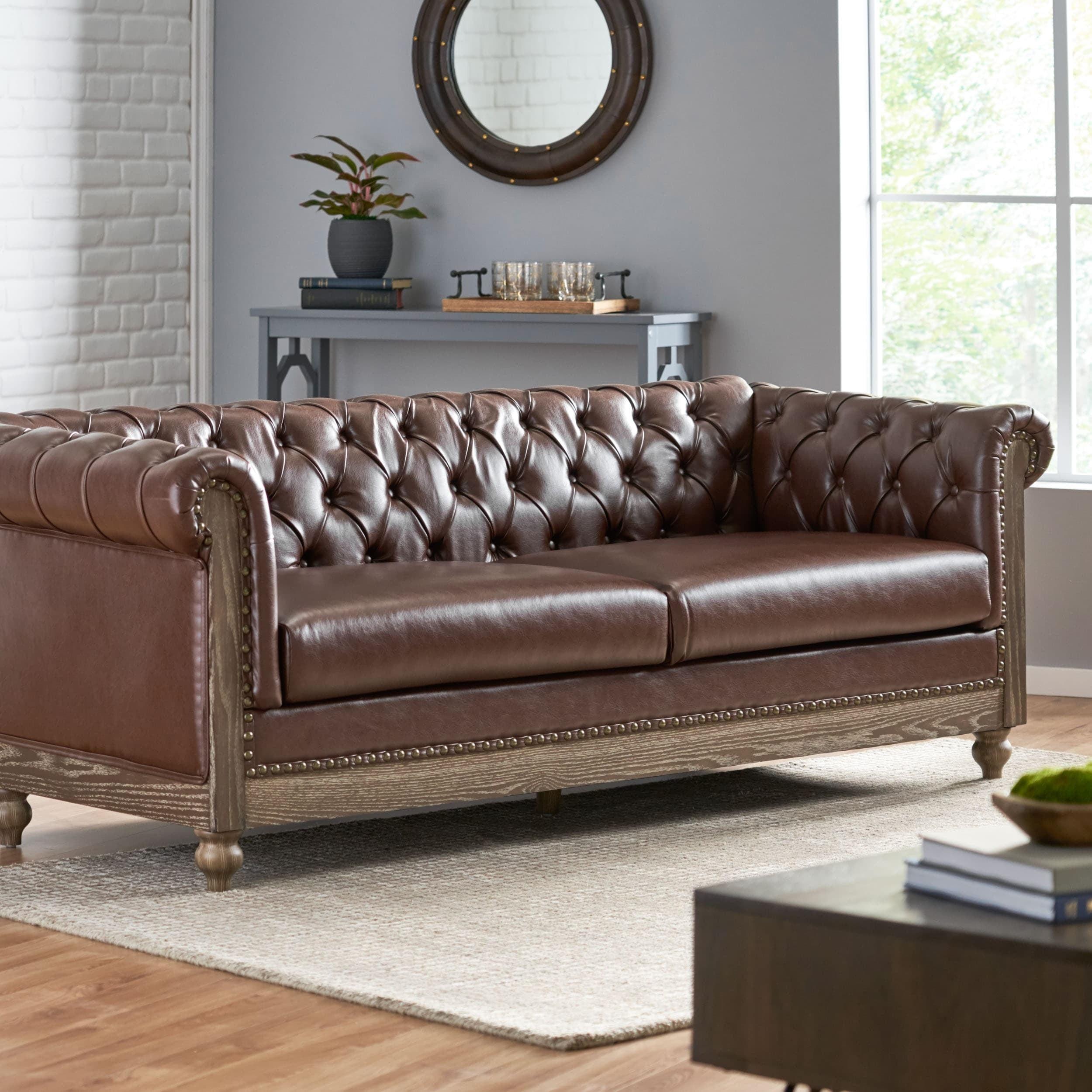 Castalia Chesterfield Tufted 3 Seater Sofa with Nailhead Trim Dark Brown/Natural - Christopher Knight Home