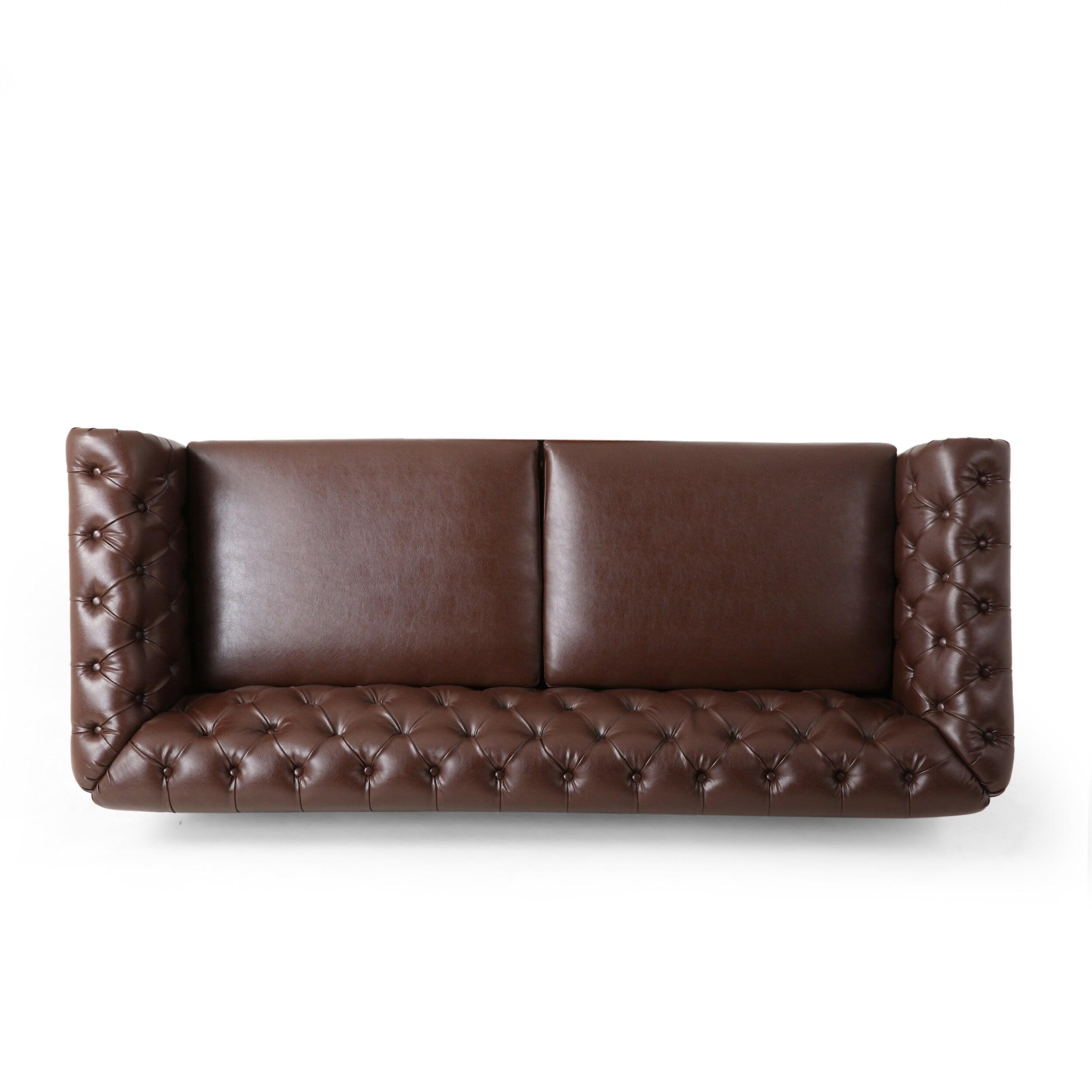 Castalia Chesterfield Dark Brown Faux Leather Sofa with Nailhead Trim