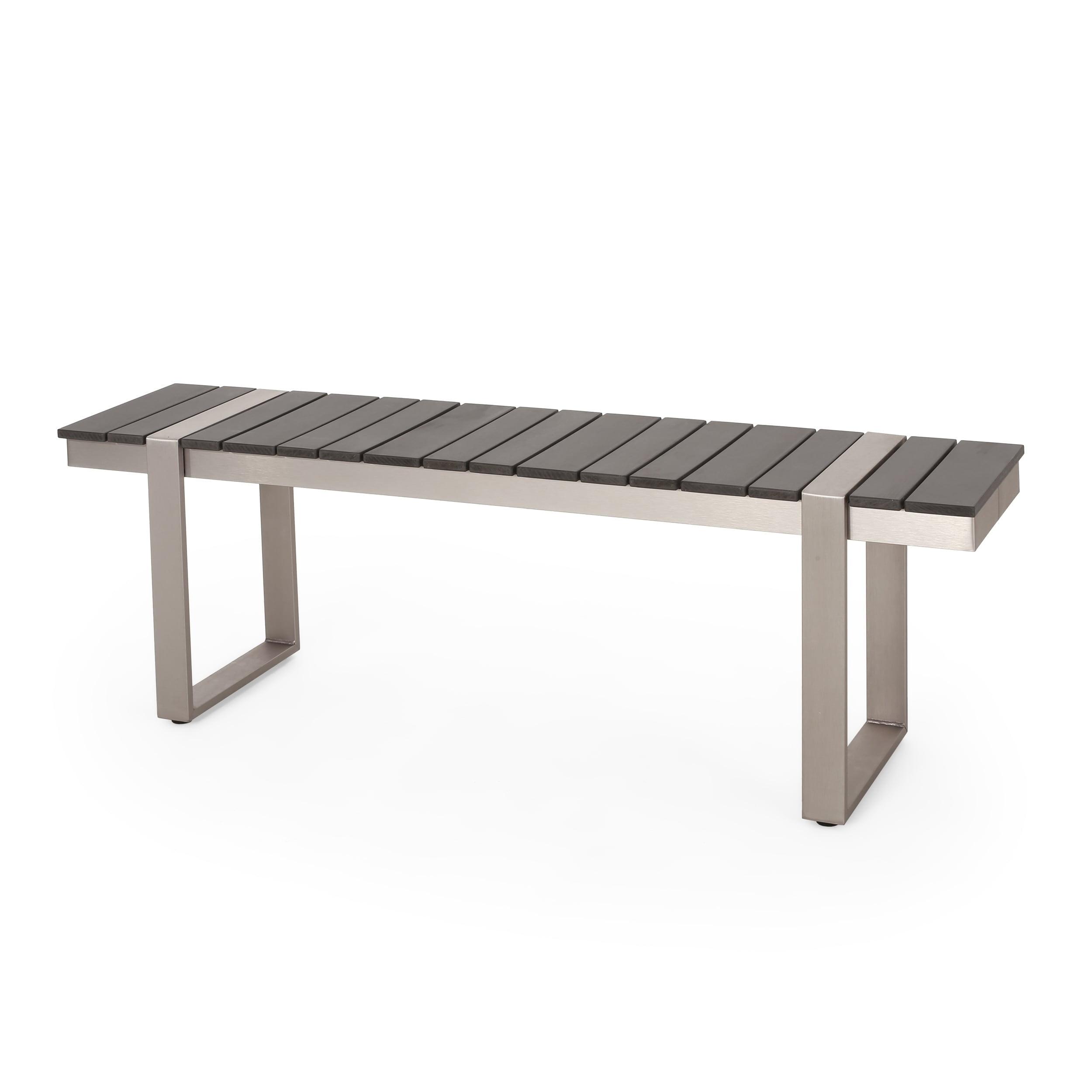 Silver and Gray Aluminum Outdoor Dining Bench with Faux Wood Slats