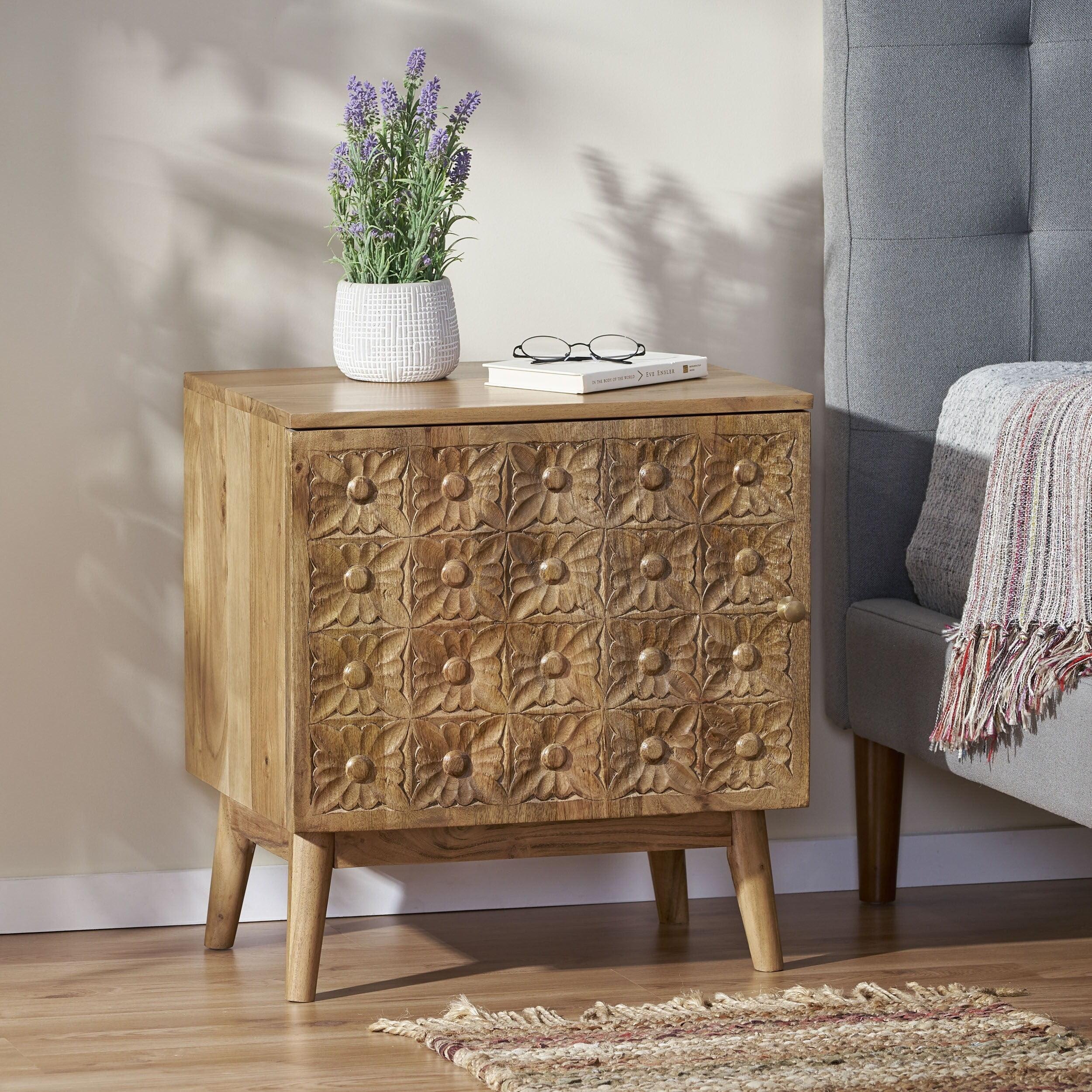 Handcrafted Natural Acacia Wood Boho Nightstand with Carved Accents