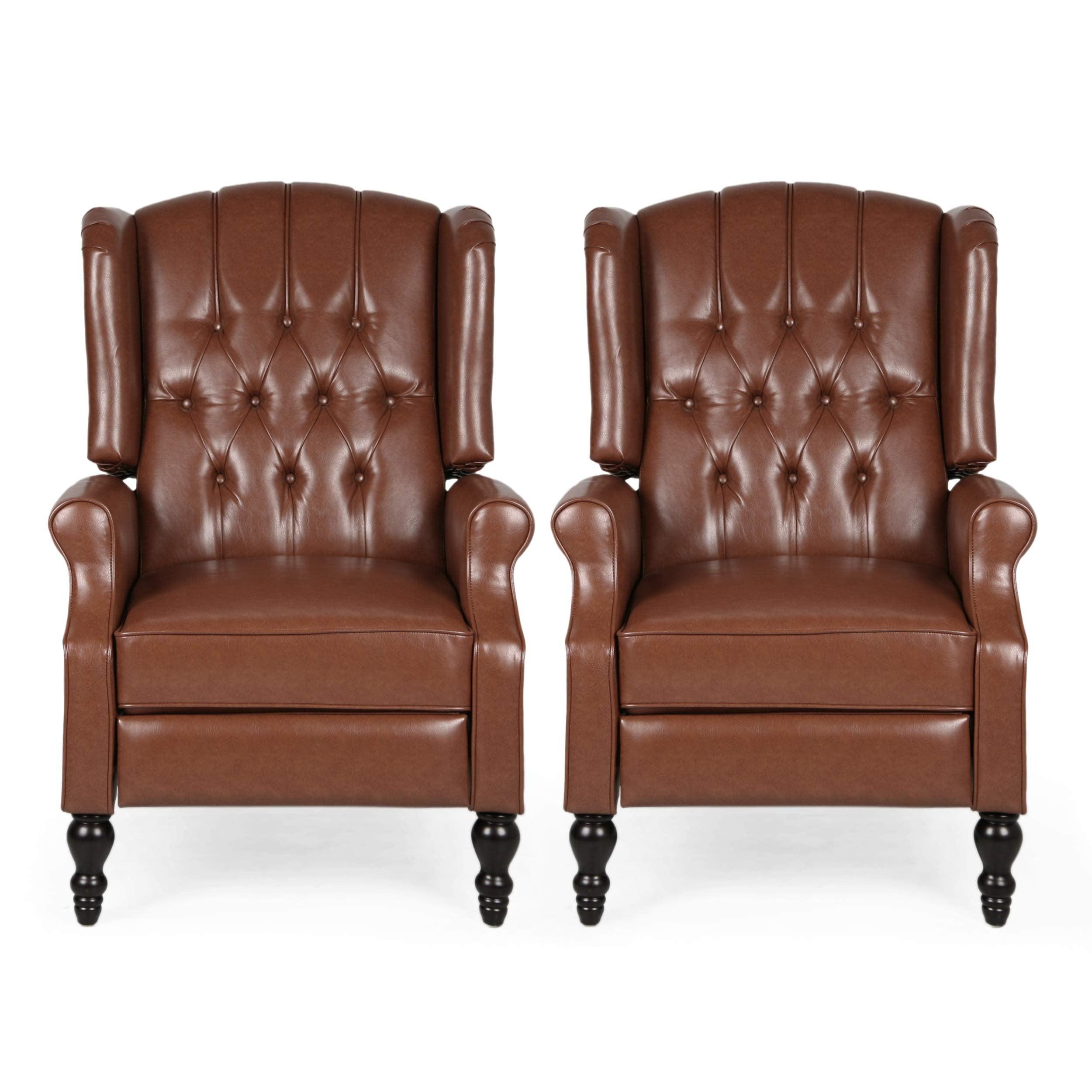 Cognac Brown Leather Wingback Recliner Set with Dark Brown Legs