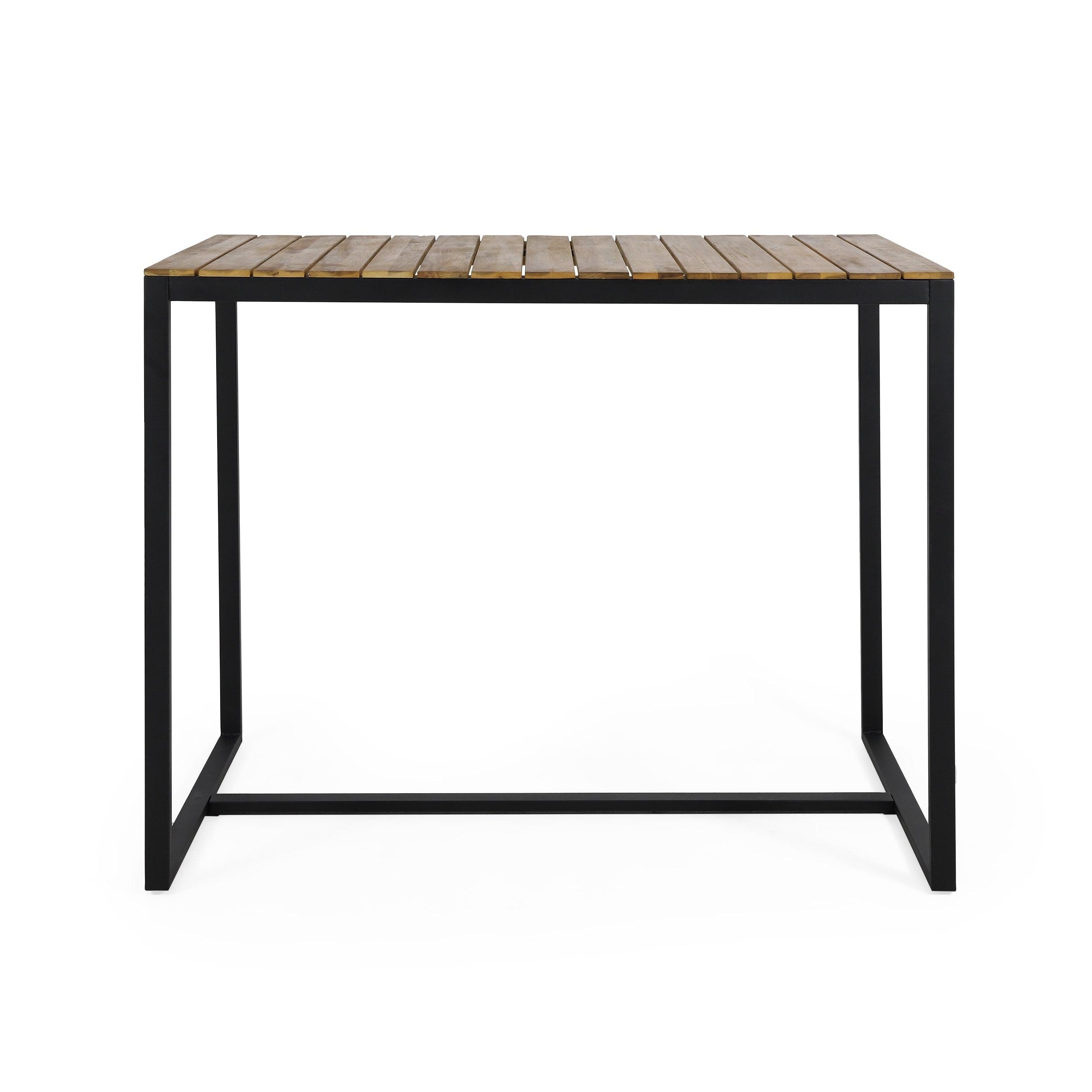 Teak and Black Acacia Wood Outdoor Bar Table with Metal Frame